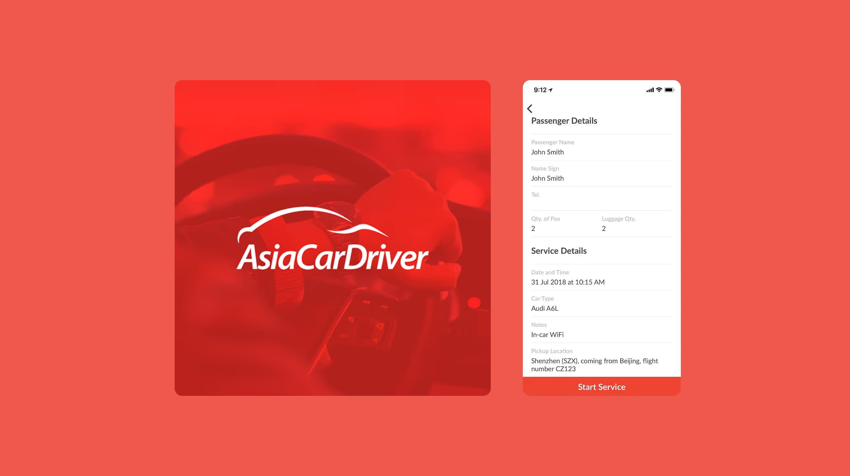 Asia Car Driver logo beside the app’s passenger and service details screen with a start service button.