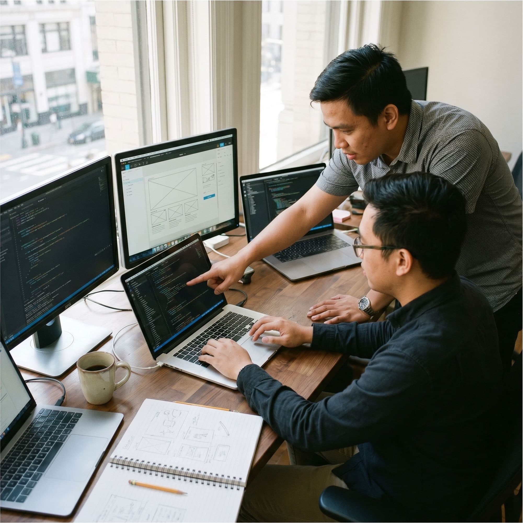 Two Symph engineers reviewing code on a laptop