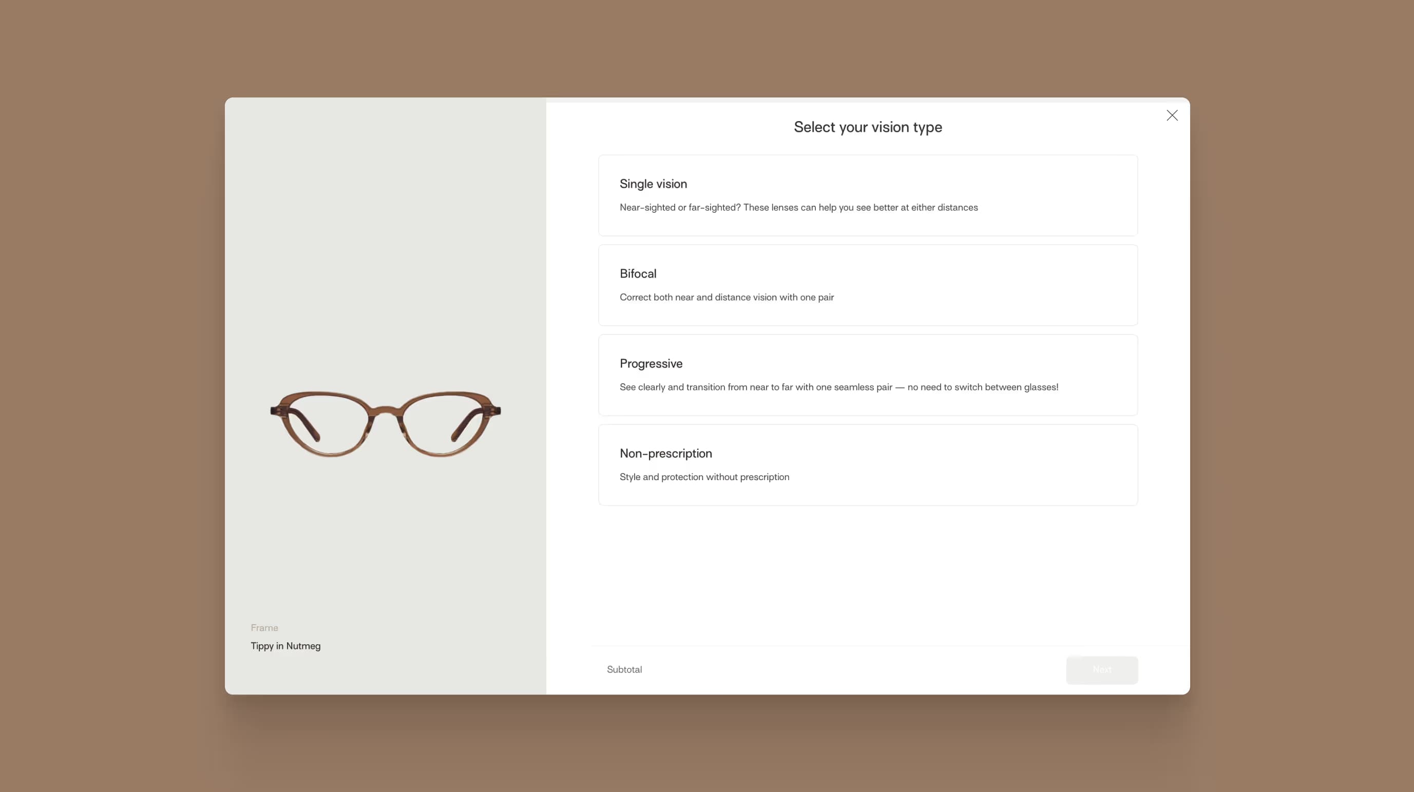 Sunnies Studios vision type step offering single vision, bifocal, progressive and non-prescription lenses beside the frame.