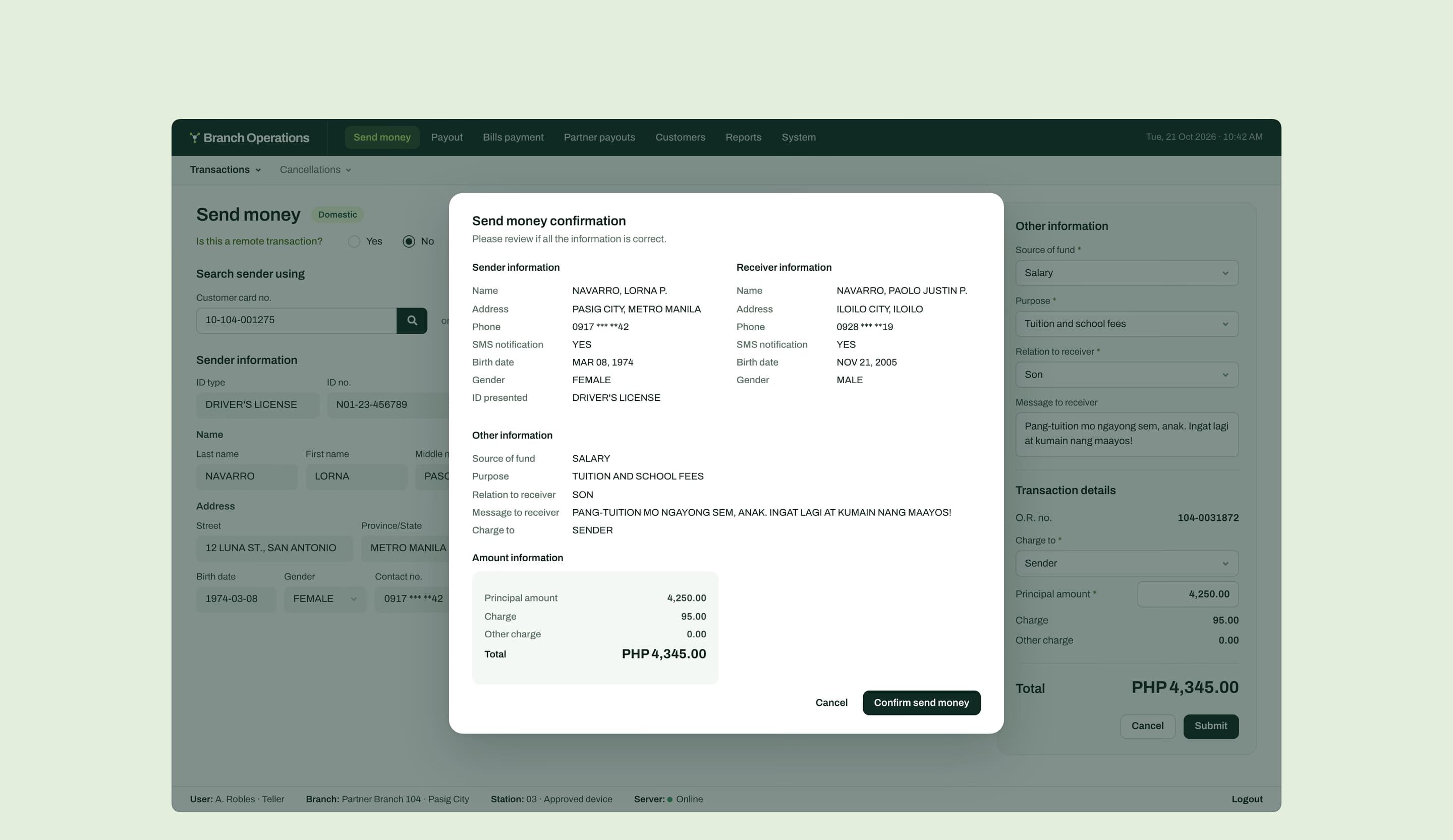 The review step before a send: sender, receiver, other information and amounts, with Confirm send money.