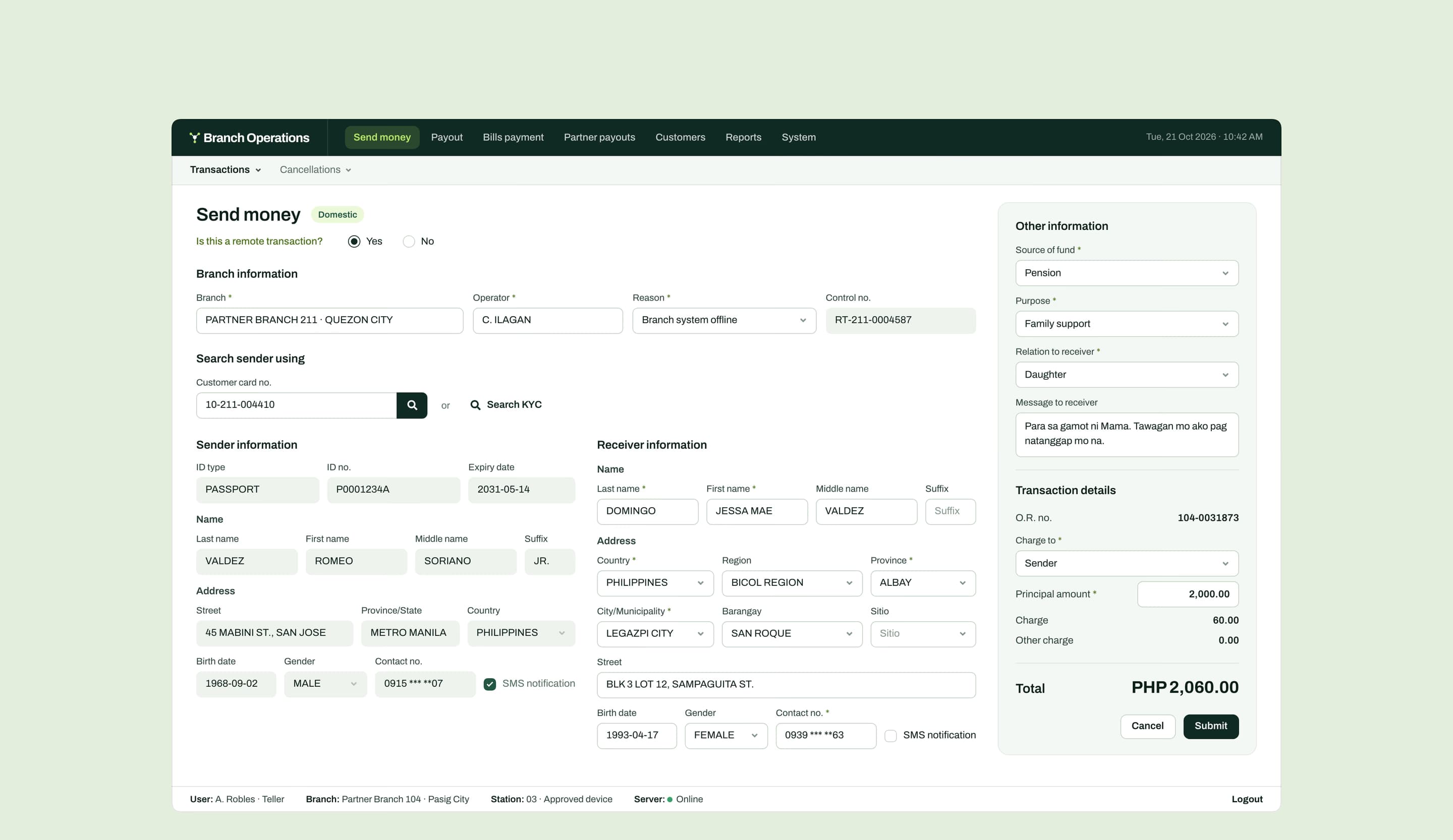 A remote transaction for a branch whose system is offline: the branch, operator, reason and control number, above the send-money form.