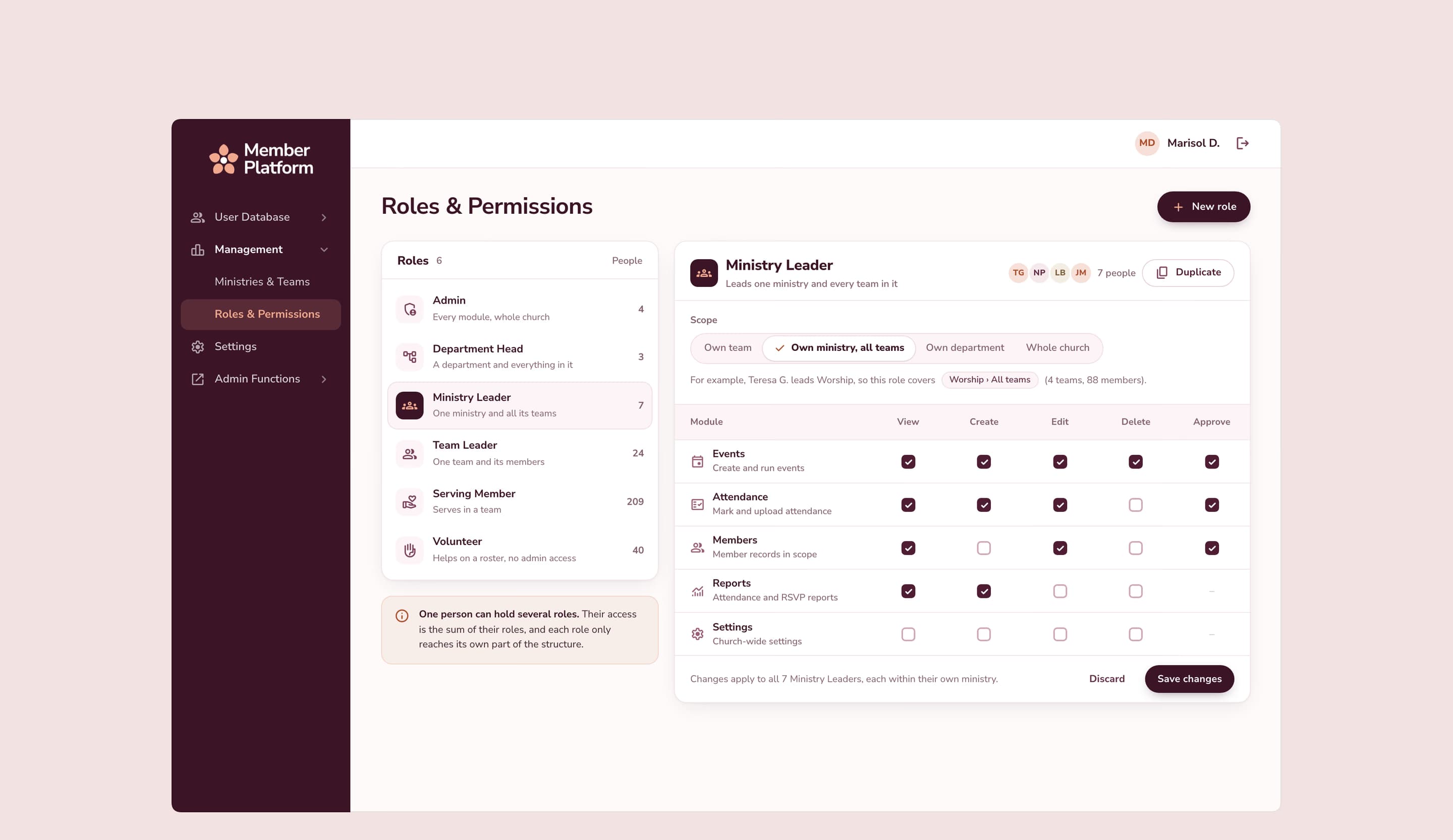 Roles and permissions: each role with how many people hold it, and one role’s scope and its view, create, edit, delete and approve rights for each module.