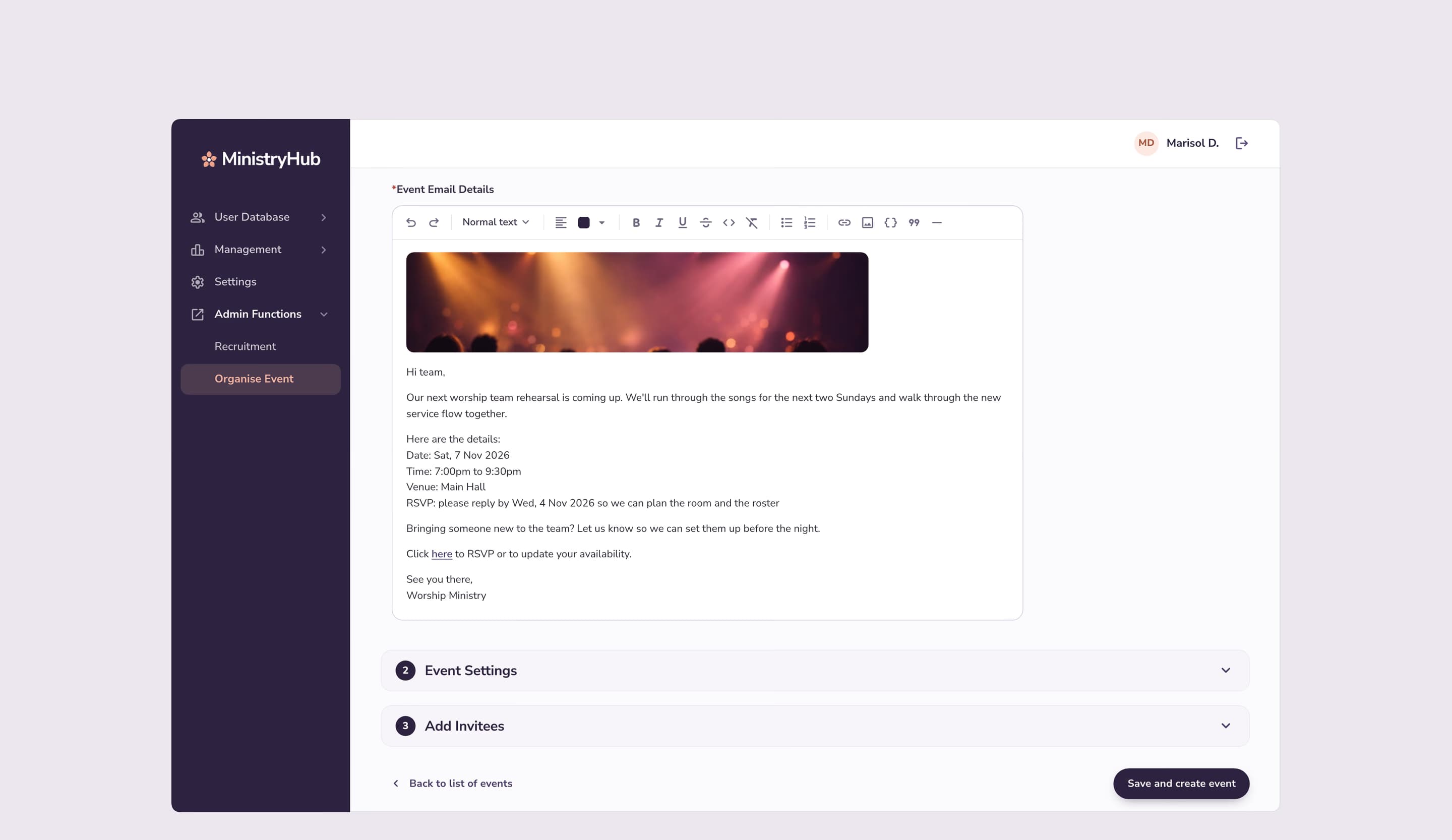 The event’s invitation email in a rich-text editor with a banner image, above the event settings and invitee steps, and Save and create event.