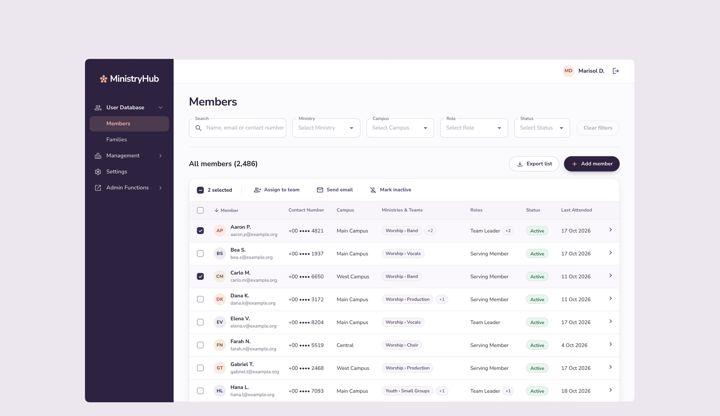 The member directory: search and filters by ministry, campus, role and status, each member’s teams, roles, status and last attendance, and actions for the selected members.