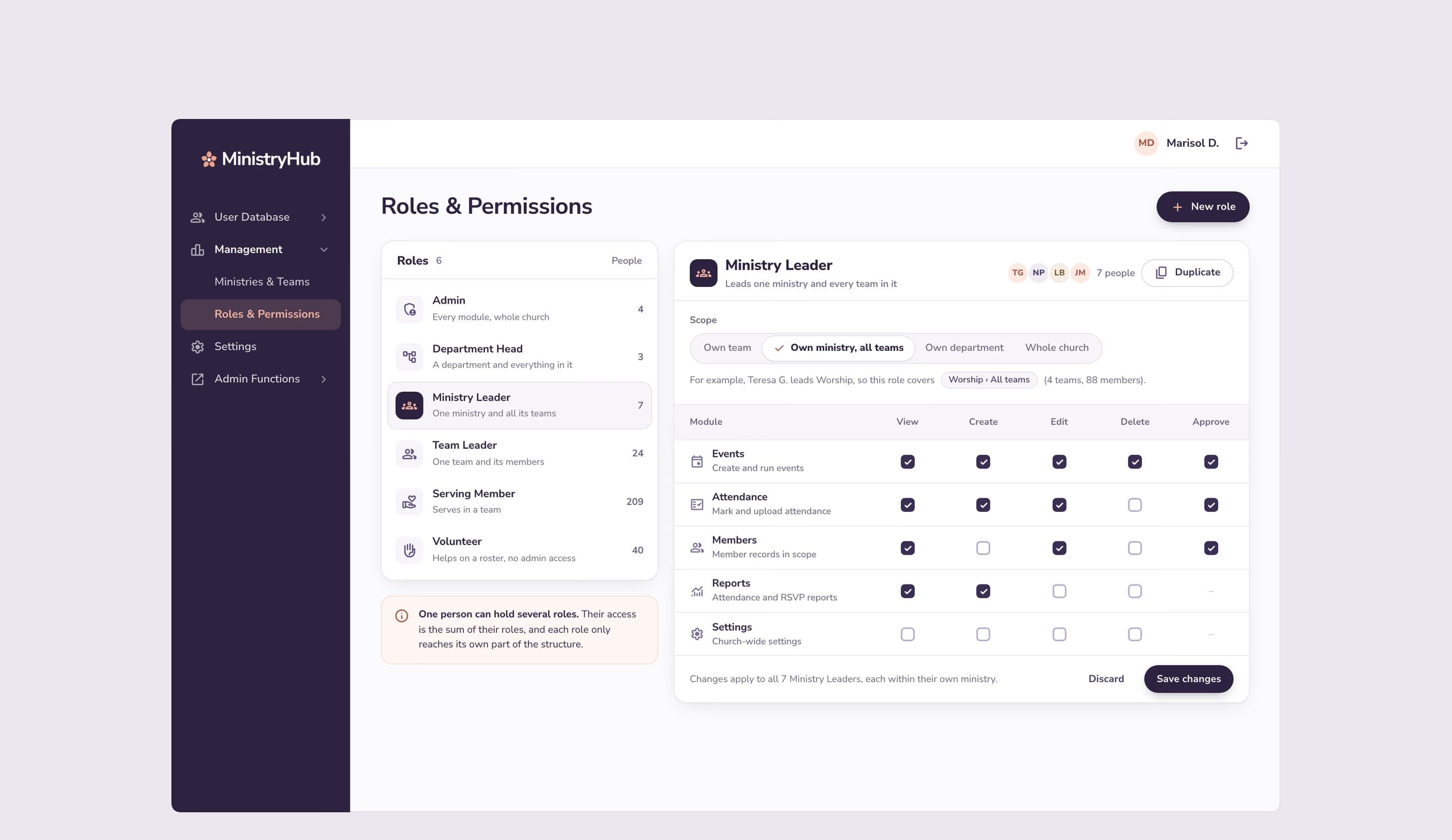 Roles and permissions: each role with how many people hold it, and one role’s scope and its view, create, edit, delete and approve rights for each module.