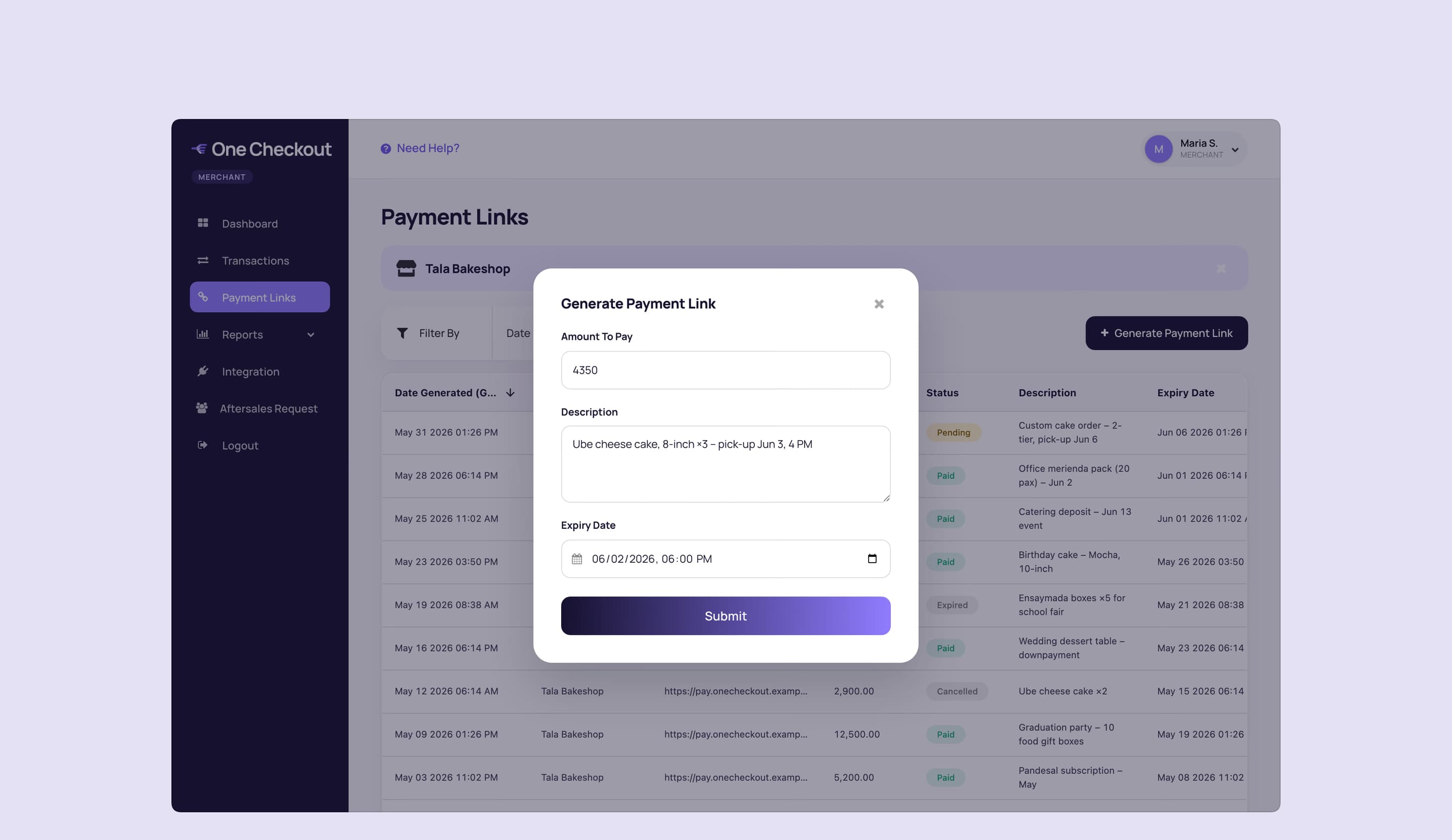 The merchant’s payment links, with the Generate Payment Link form filled in: amount, description and expiry.