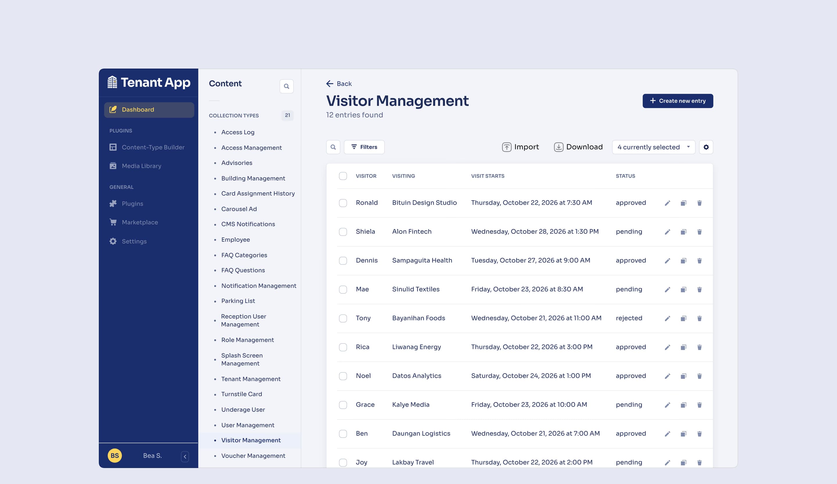 Visitor Management: visitor requests from the app, with the tenant visited, the visit start and the approval status, and Import and Download.
