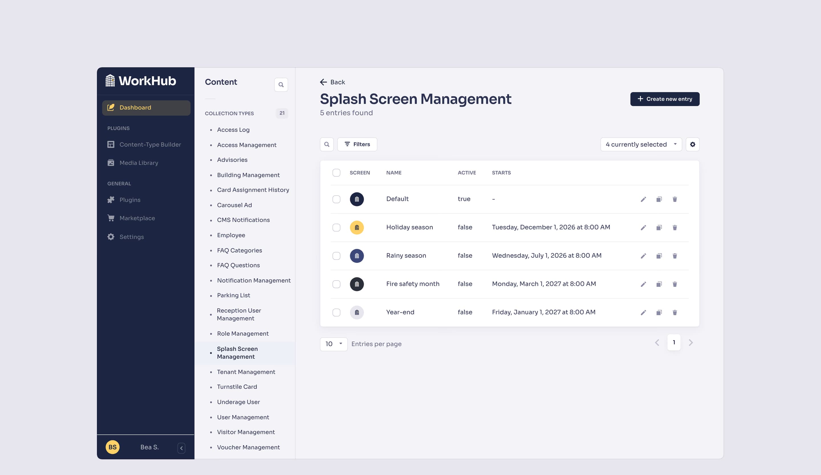 Splash Screen Management: the app’s splash screens, the active default and the scheduled seasonal ones.