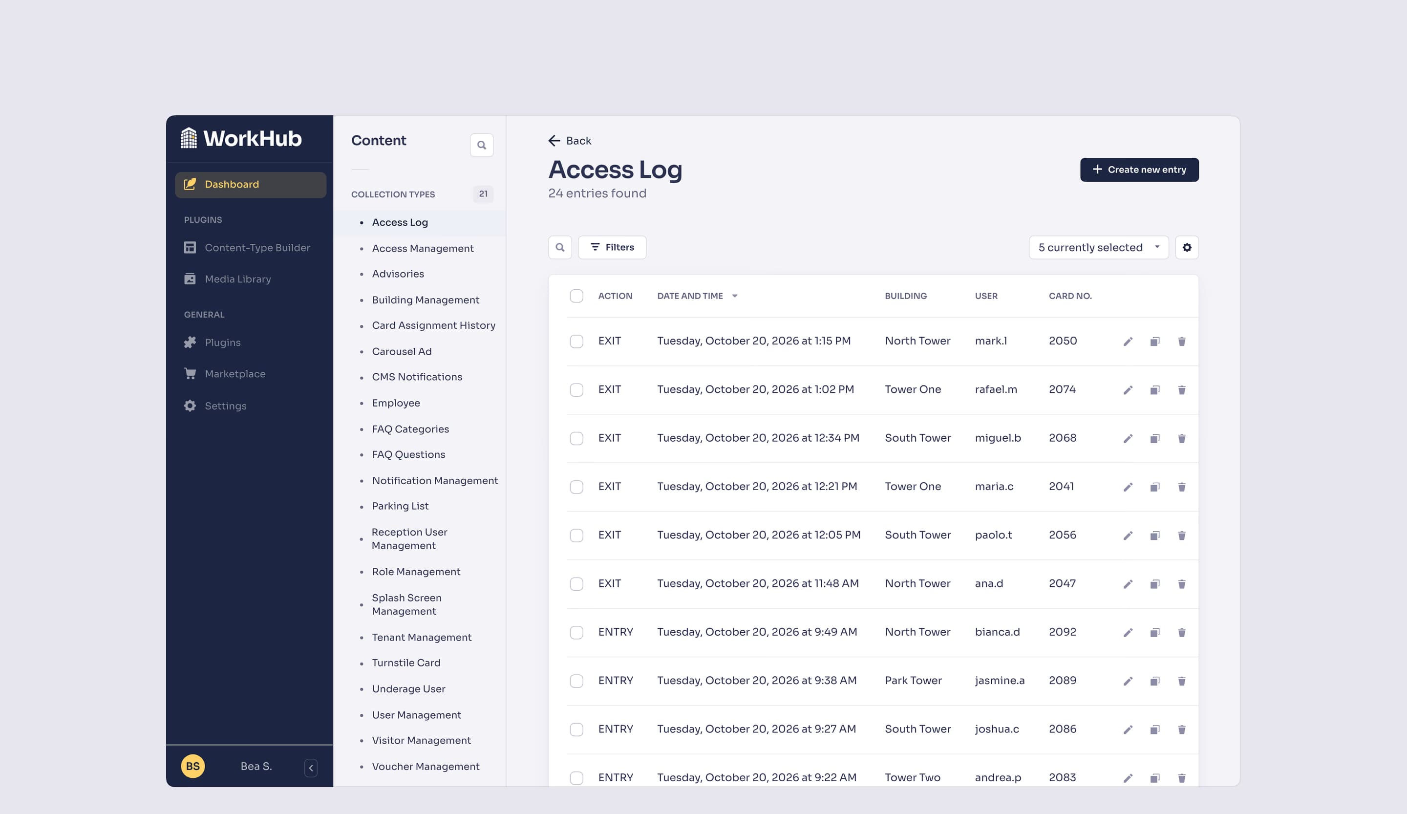 Access Log: turnstile entries and exits by building, user and card.