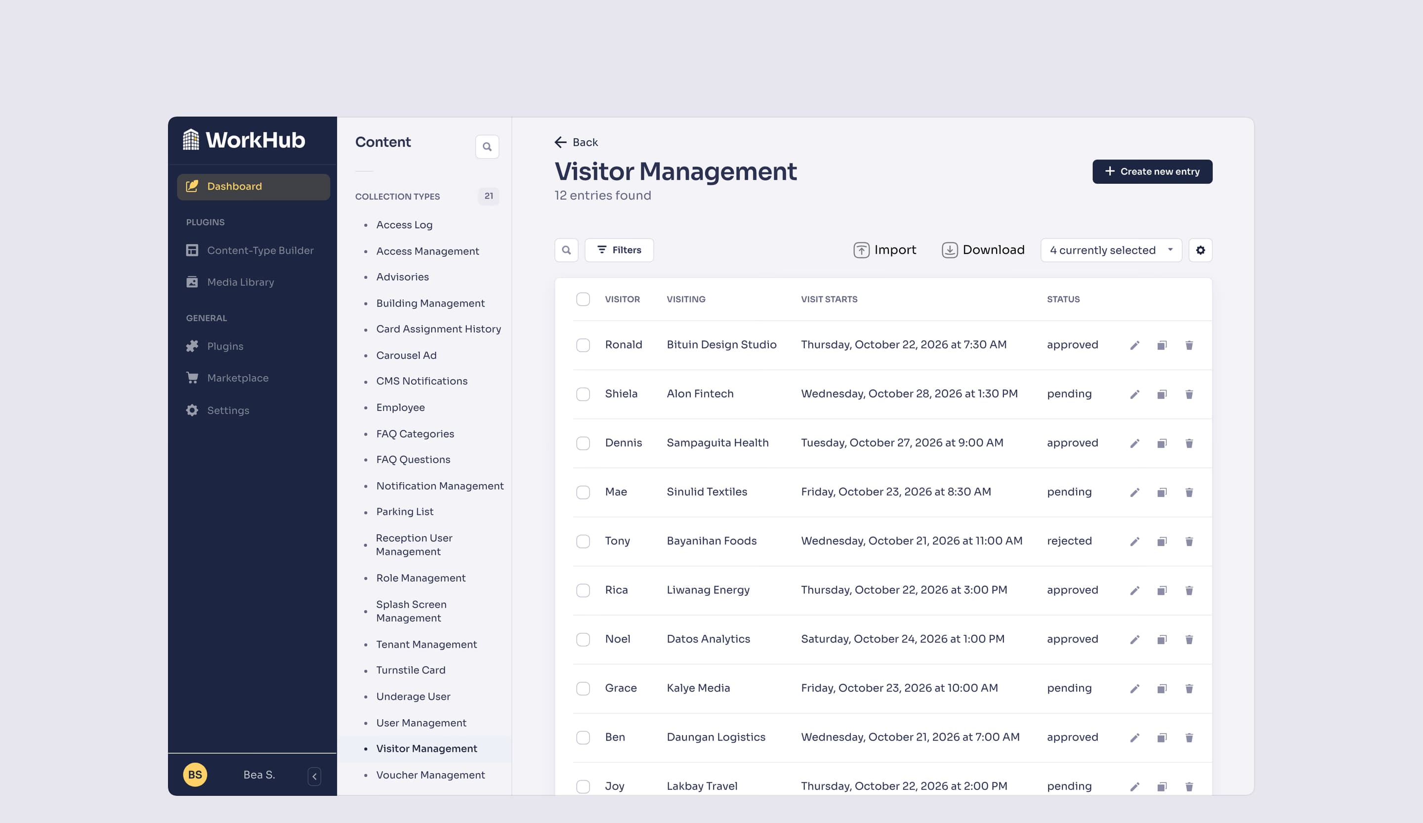 Visitor Management: visitor requests from the app, with the tenant visited, the visit start and the approval status, and Import and Download.