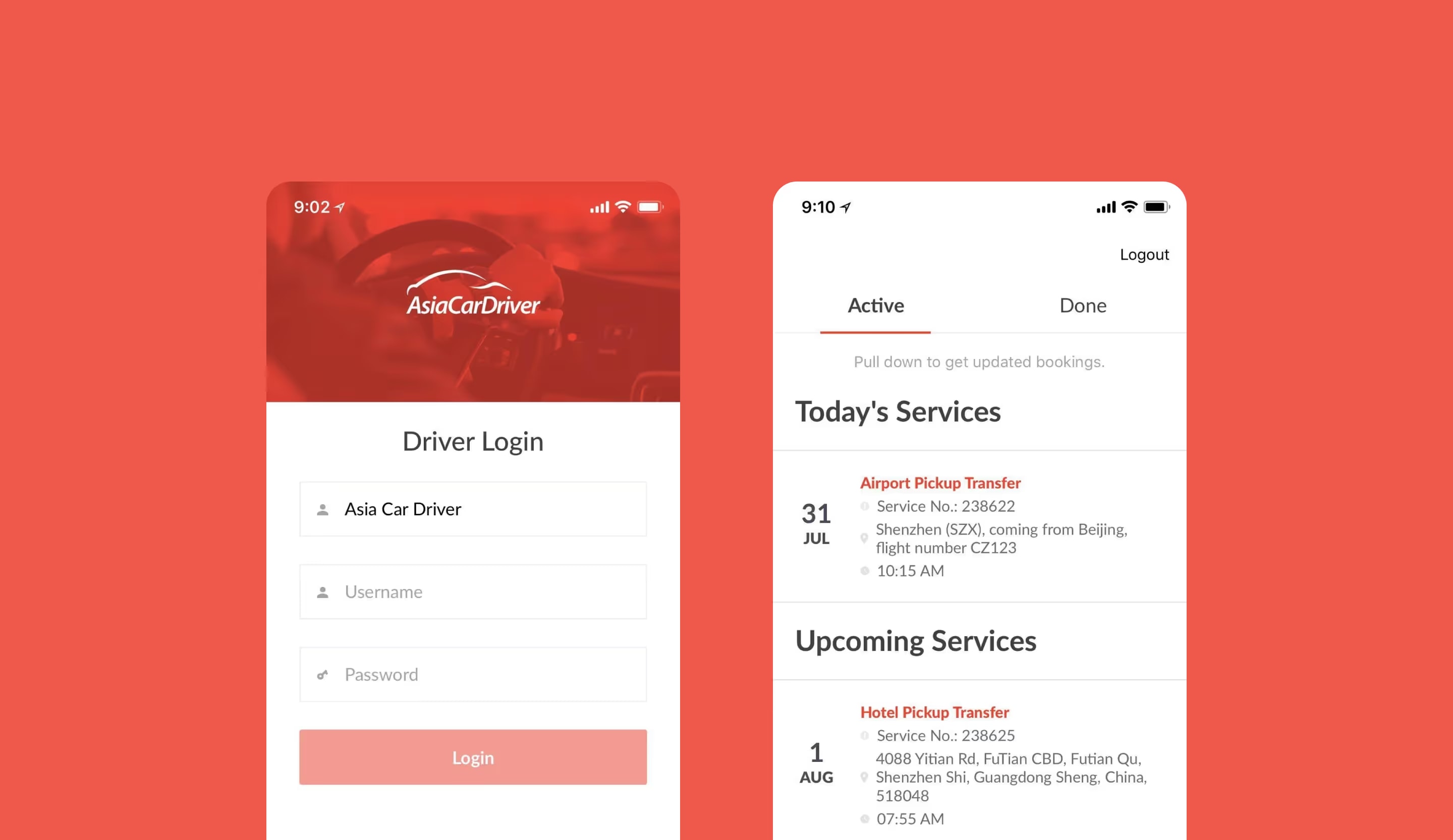 Asia Car Driver app driver login beside a list of today’s and upcoming airport and hotel pickups.