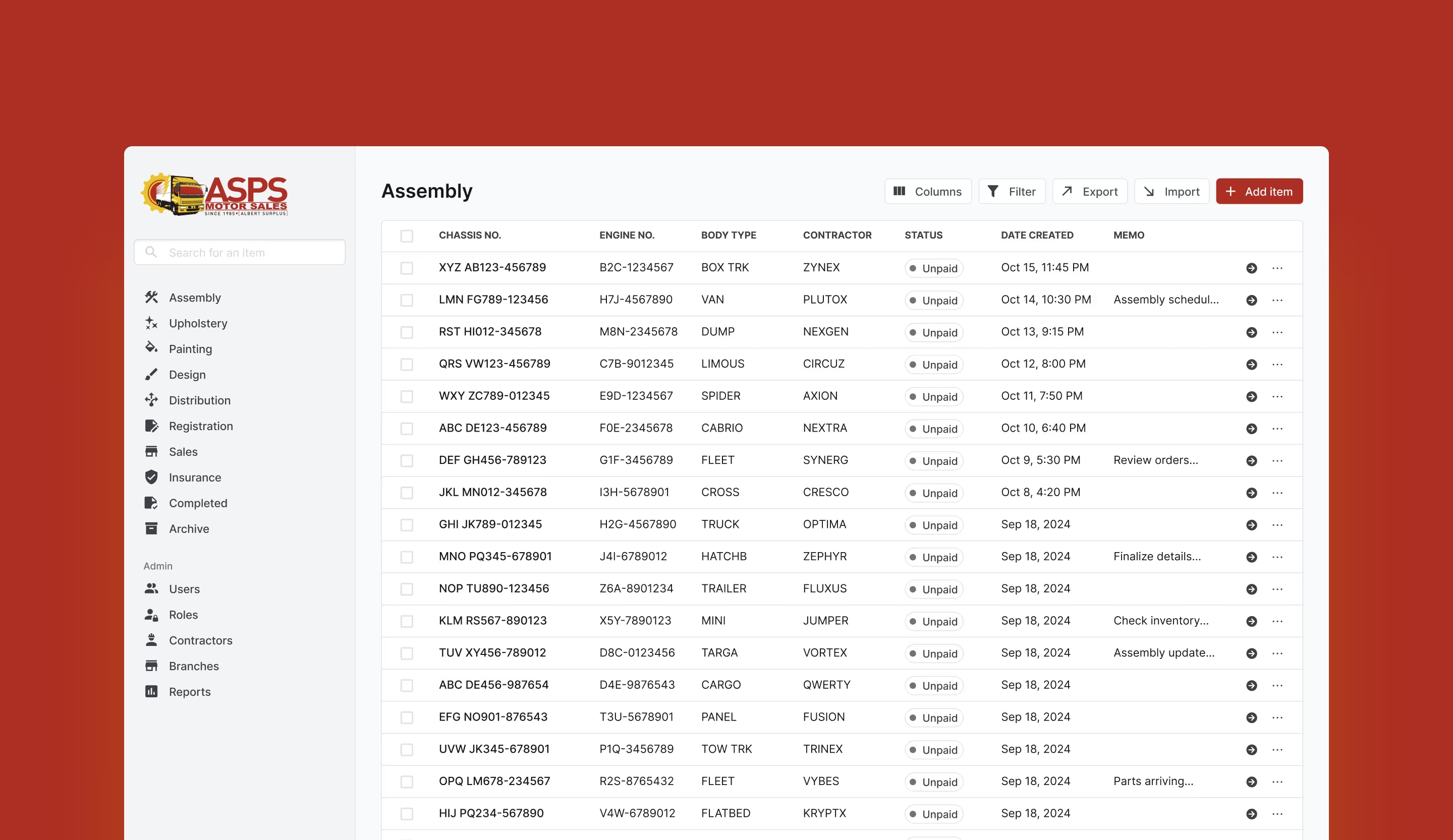 ASPS assembly table of vehicle chassis and engine numbers, contractors and payment status, beside a sidebar of workflow stages.