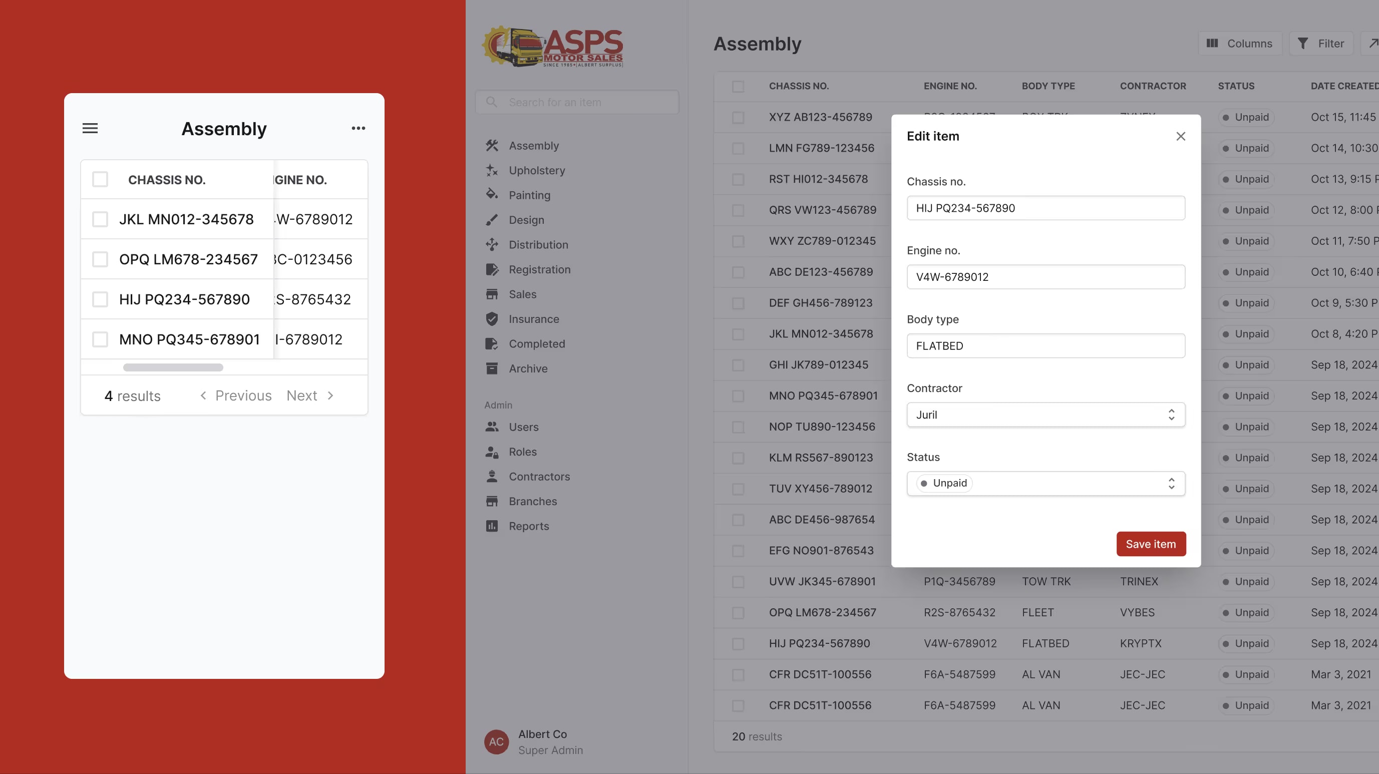 ASPS assembly list on mobile beside the desktop edit form for a vehicle’s chassis, engine, contractor and status.