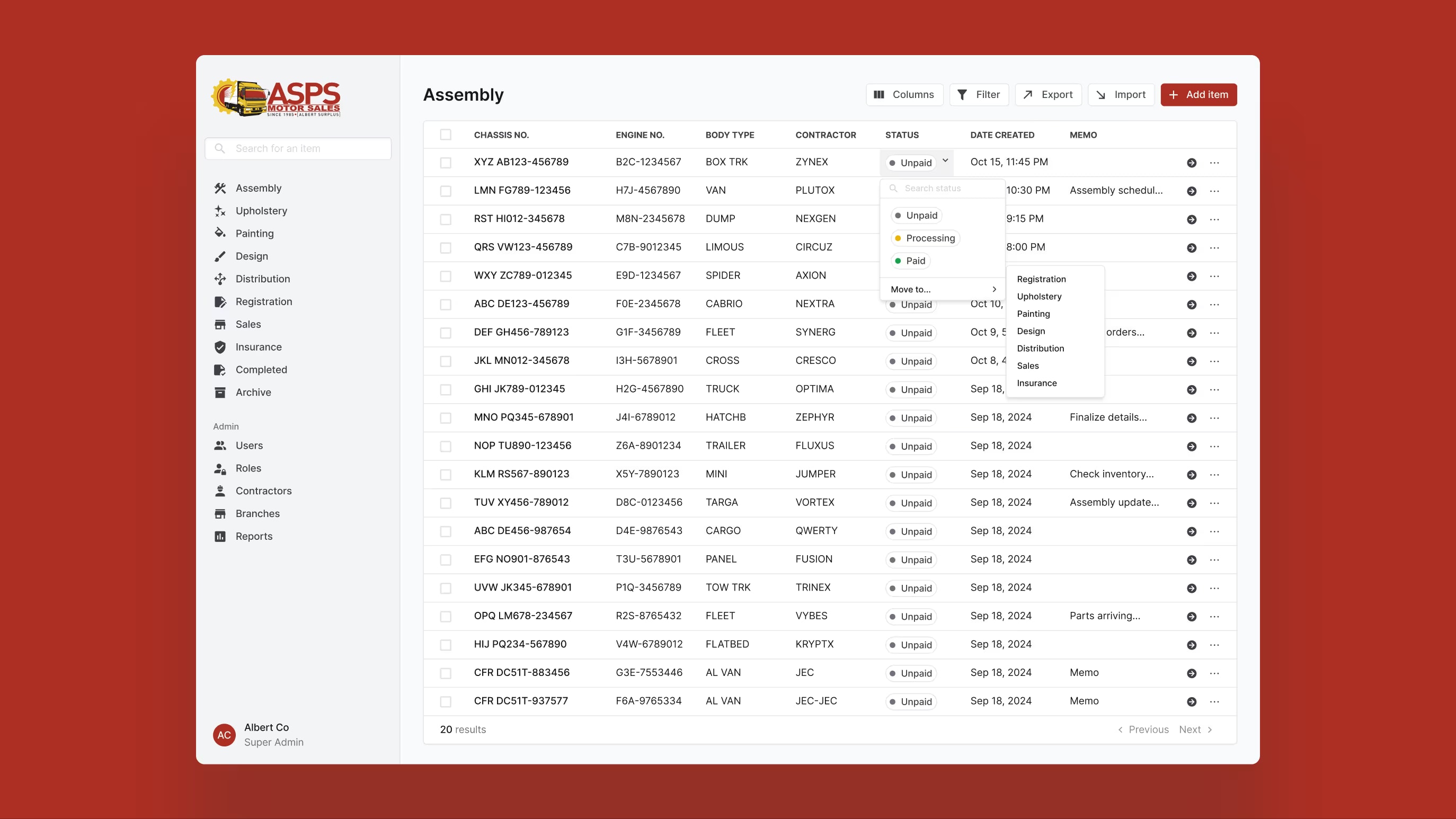 ASPS assembly table with a status menu open for marking payment and moving a vehicle to another stage.