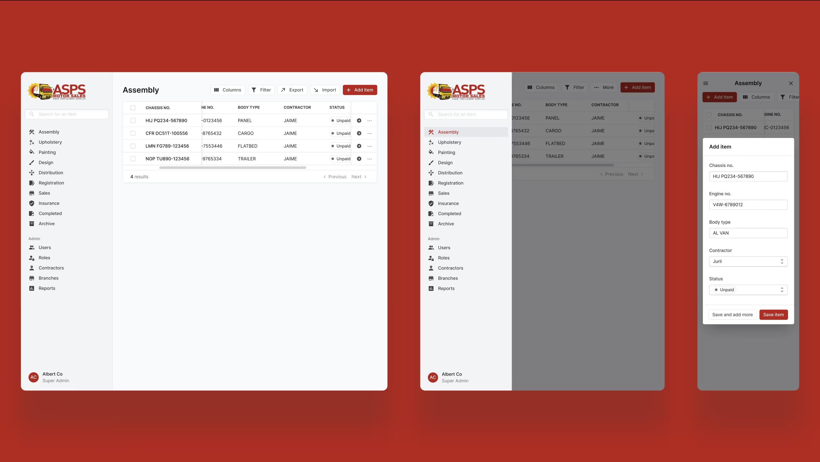 ASPS assembly list at three screen sizes, with the add item form open on the smallest.