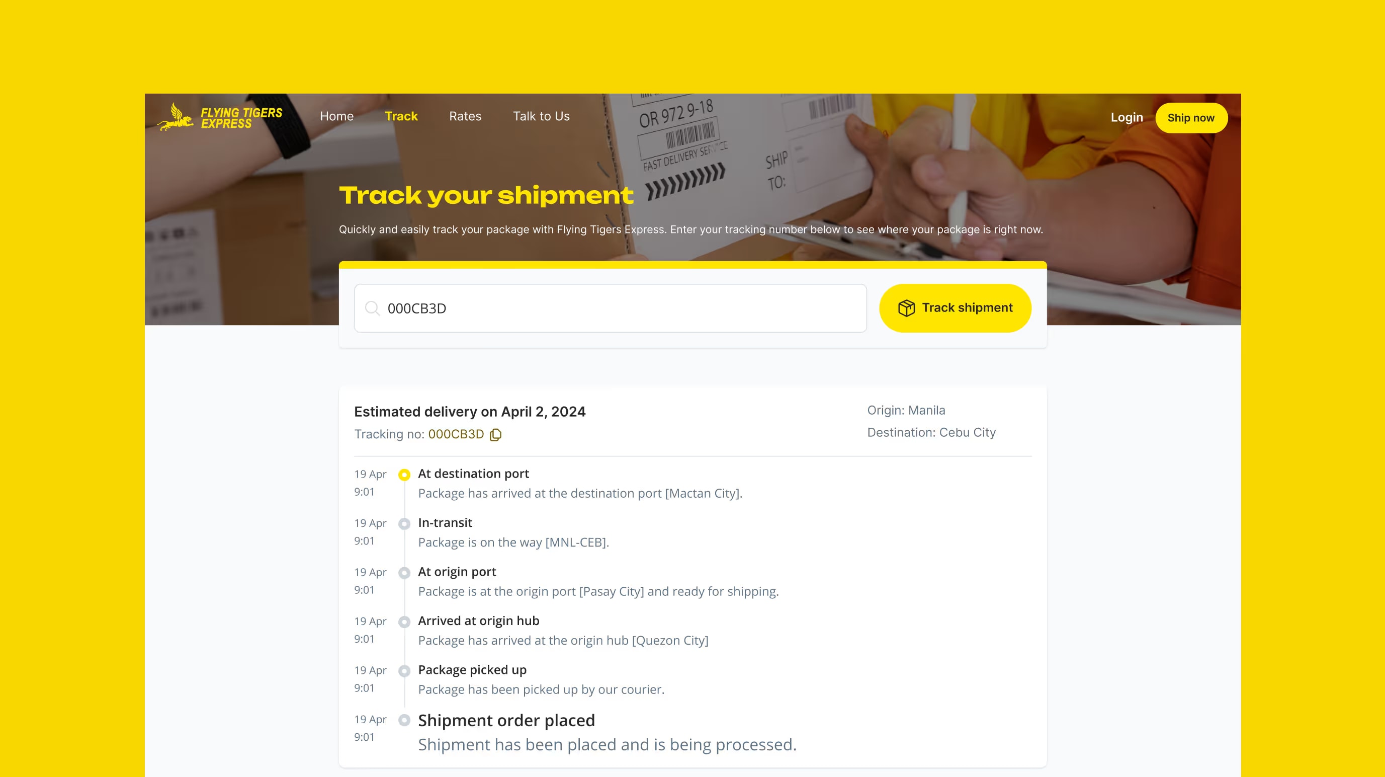 Flying Tigers Express tracking page with a tracking number search and a shipment timeline from order to destination port.