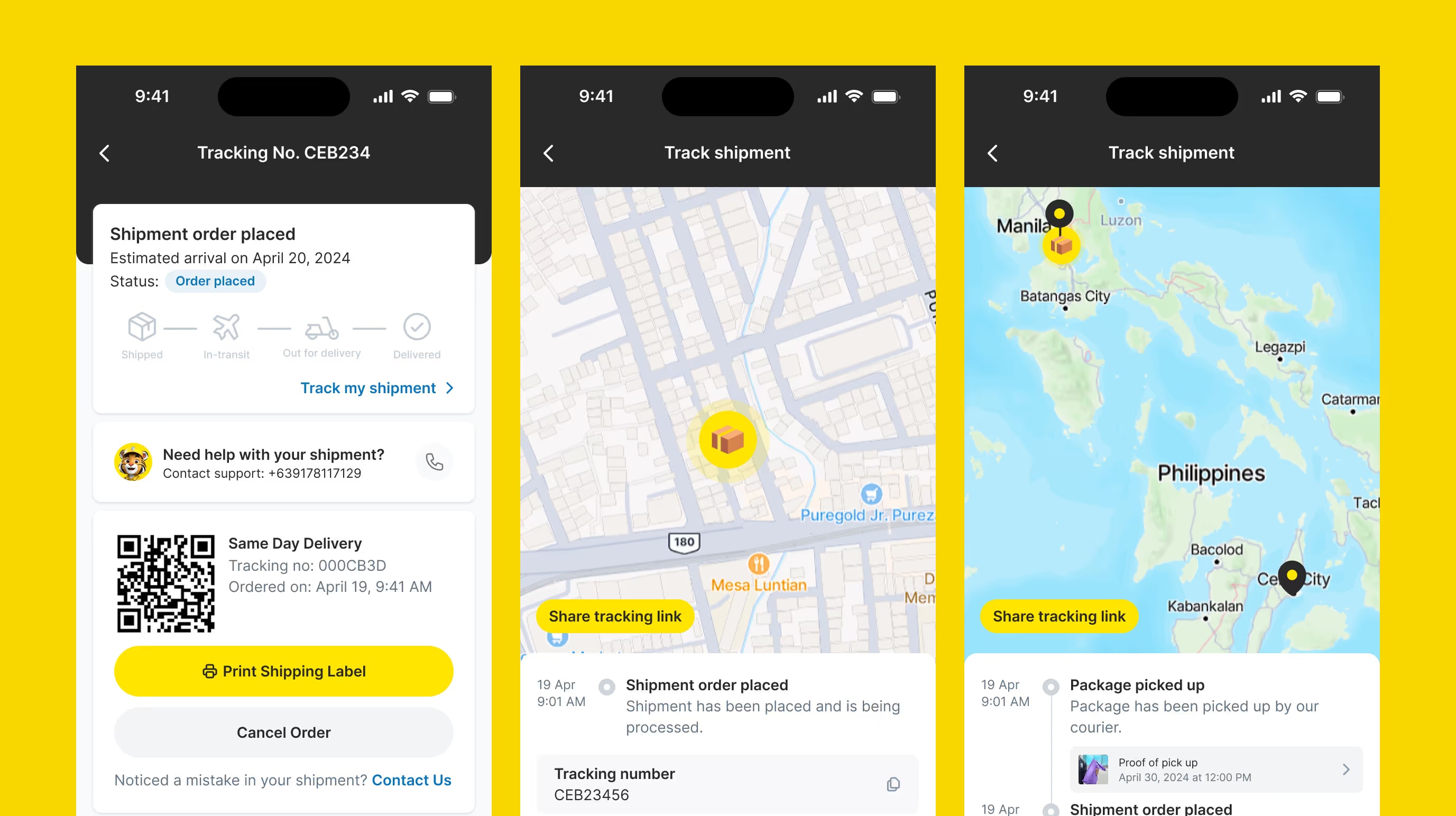 Flying Tigers Express mobile screens showing shipment status, the package on a street map and its route across the Philippines.