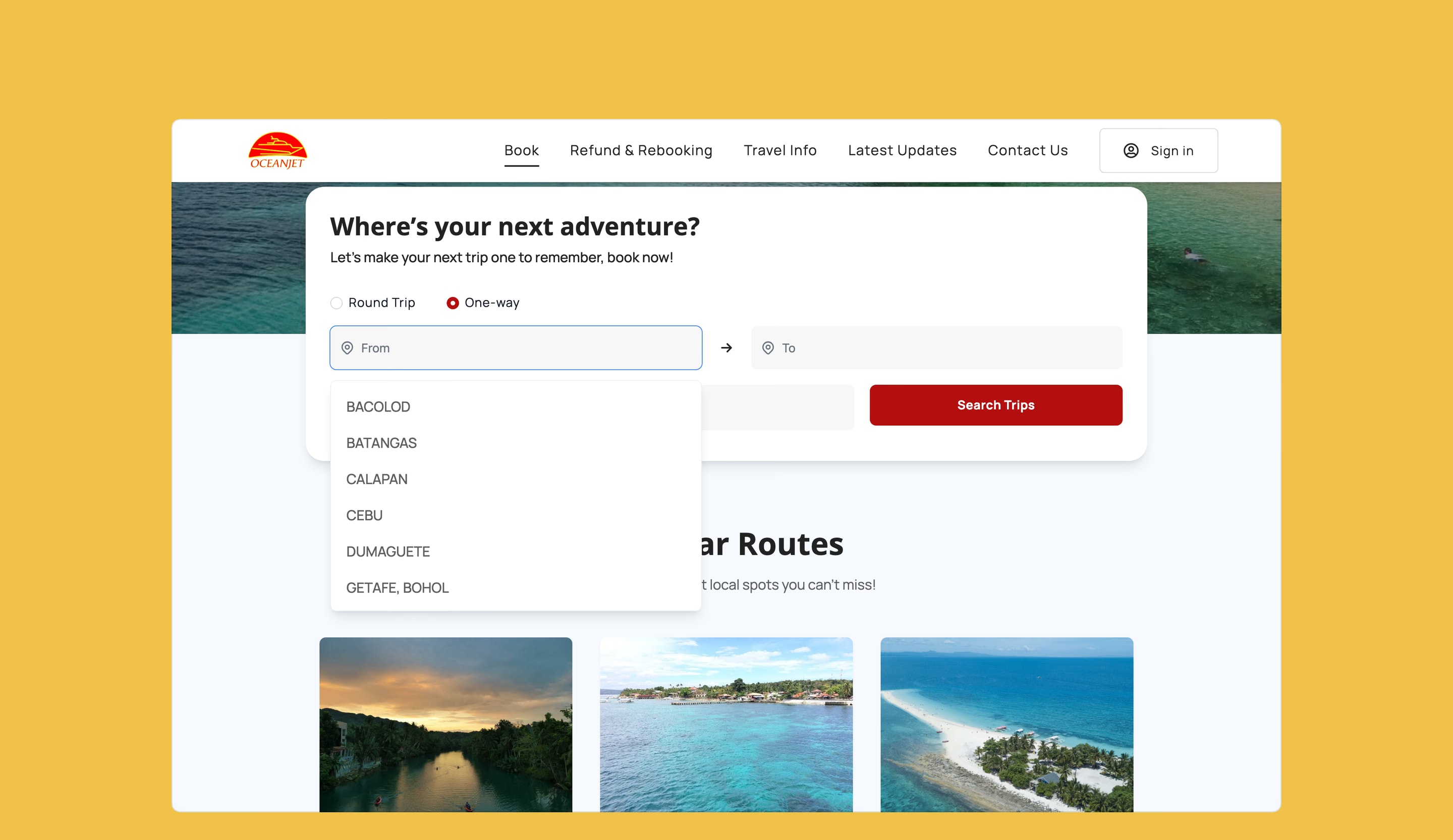 OceanJet’s trip search with the From list open: Bacolod, Batangas, Calapan, Cebu, Dumaguete and Getafe in Bohol.