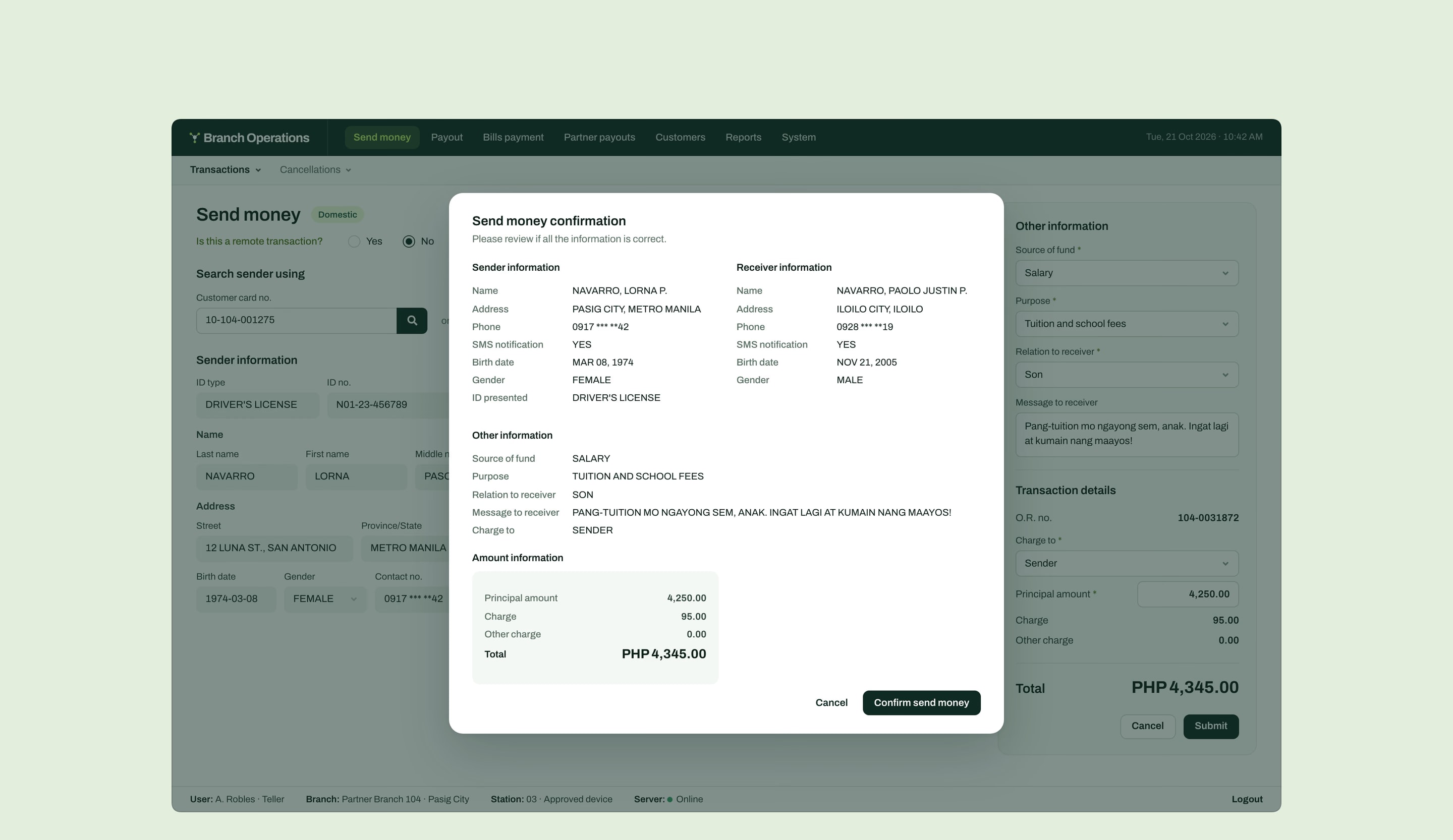 The review step before a send: sender, receiver, other information and amounts, with Confirm send money.