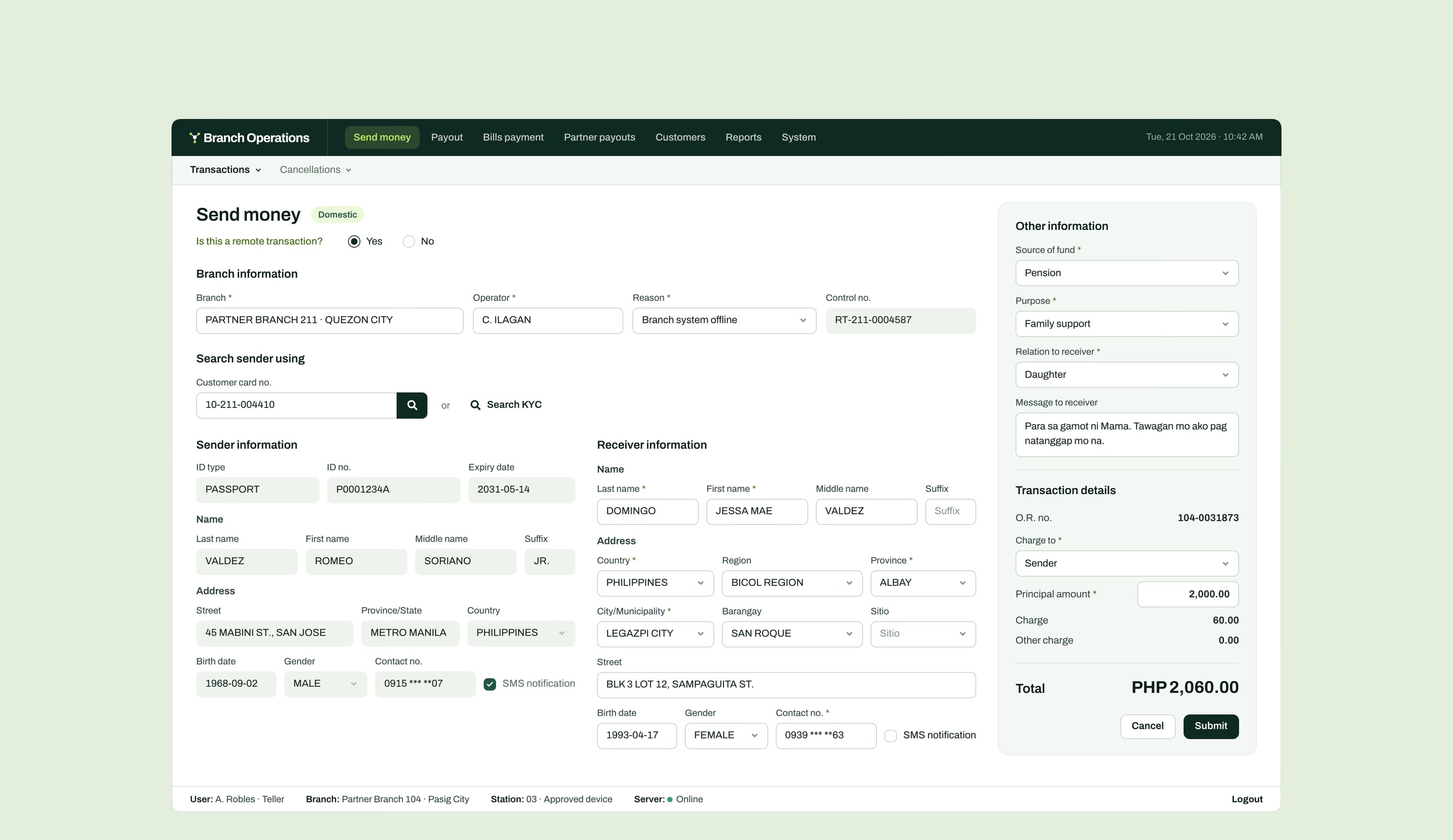 A remote transaction for a branch whose system is offline: the branch, operator, reason and control number, above the send-money form.