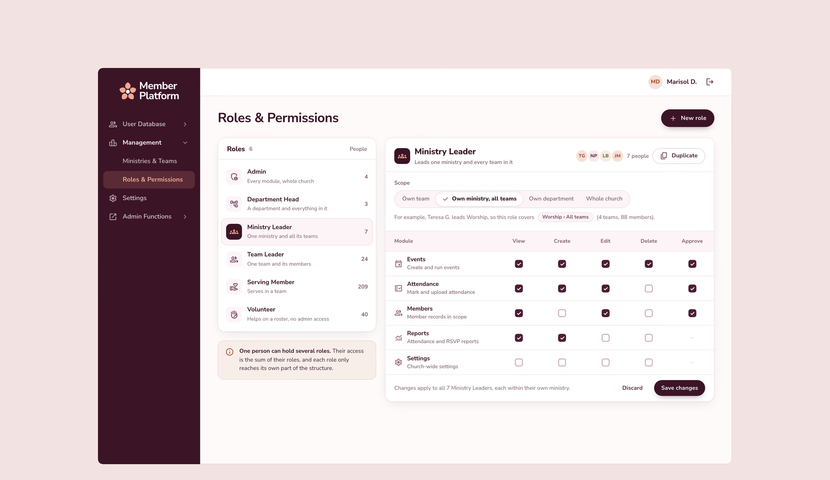 Roles and permissions: each role with how many people hold it, and one role’s scope and its view, create, edit, delete and approve rights for each module.