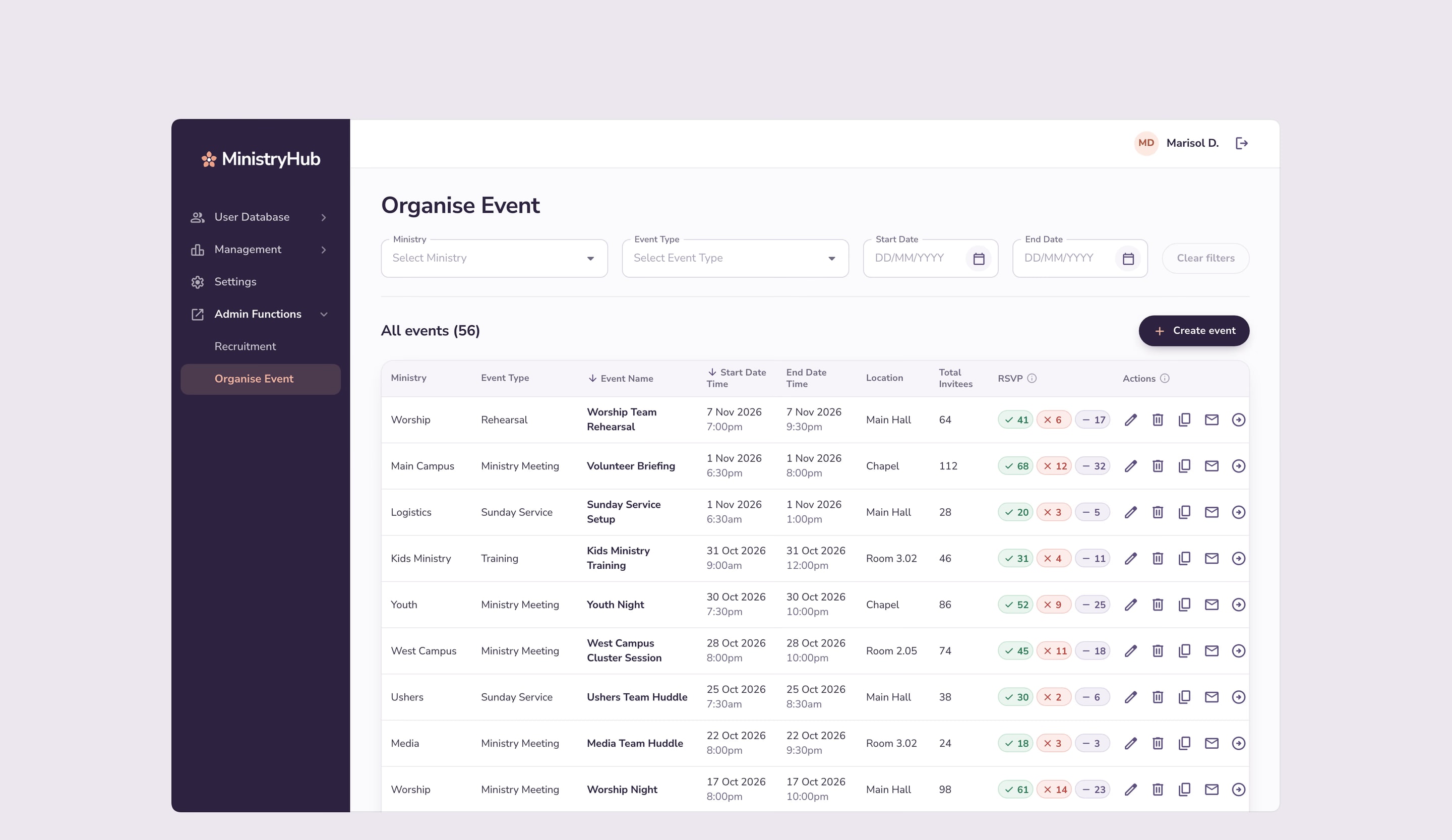 Organise Event: events filtered by ministry, event type and date, each with its ministry, type, times, location, invitees and RSVP counts, and Create event.