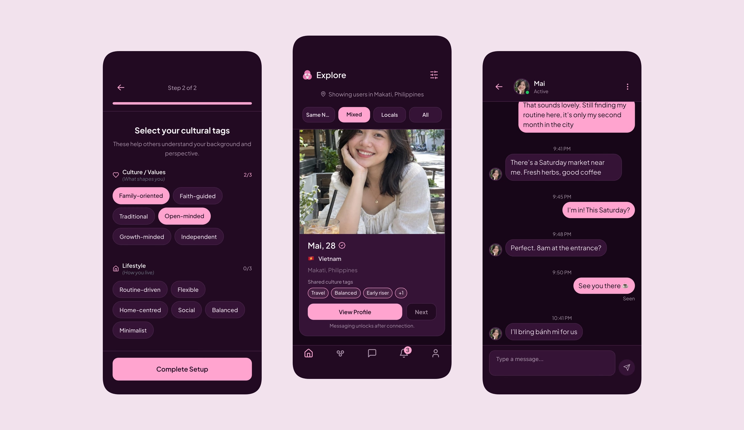 Three phone screens: choosing cultural tags during onboarding, the Explore feed with Same Nationality, Mixed, Locals and All filters and a profile card with shared tags, and a chat showing who is active and when a message was seen.