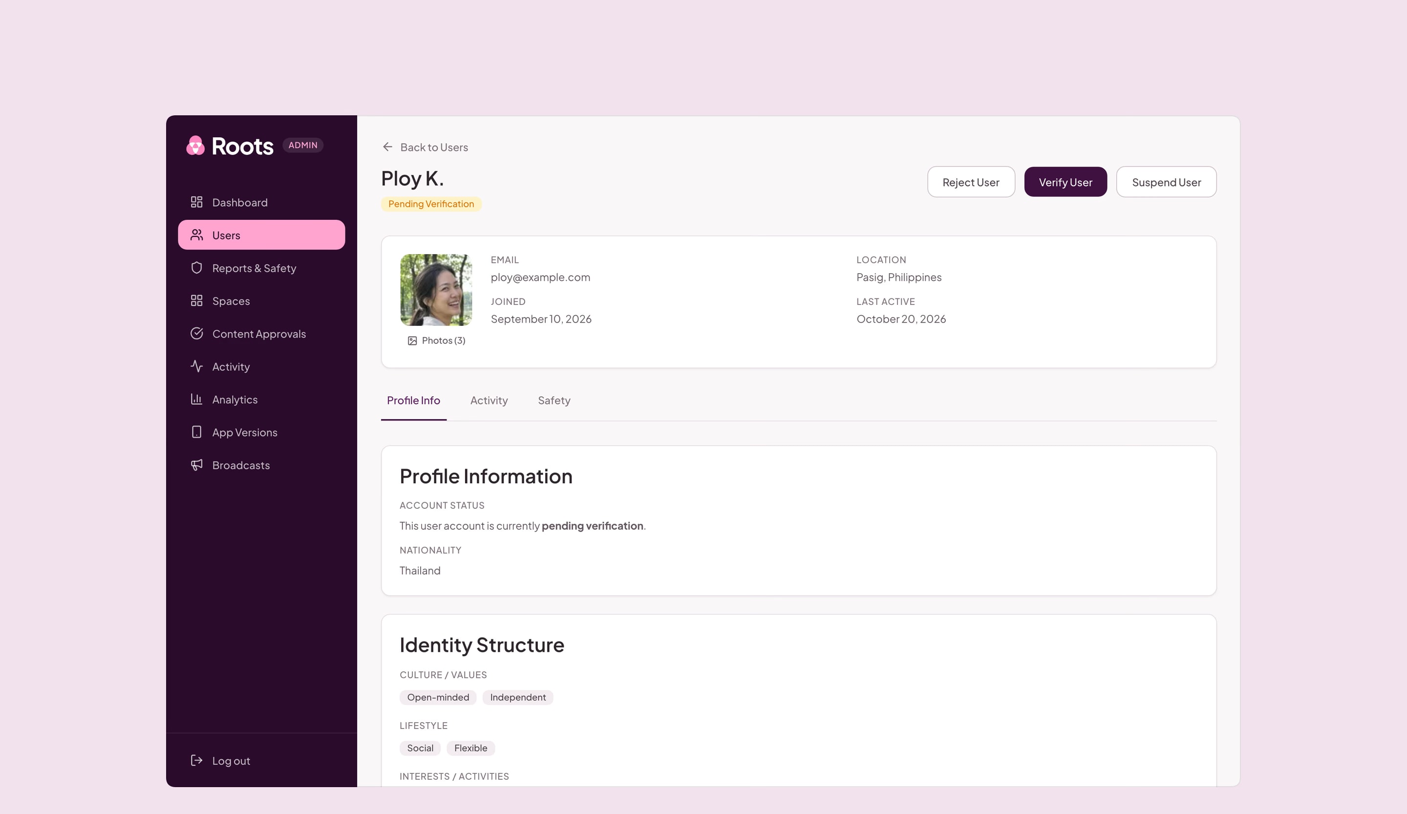 Admin, a user waiting for verification: Reject, Verify and Suspend, their profile details and their identity tags.
