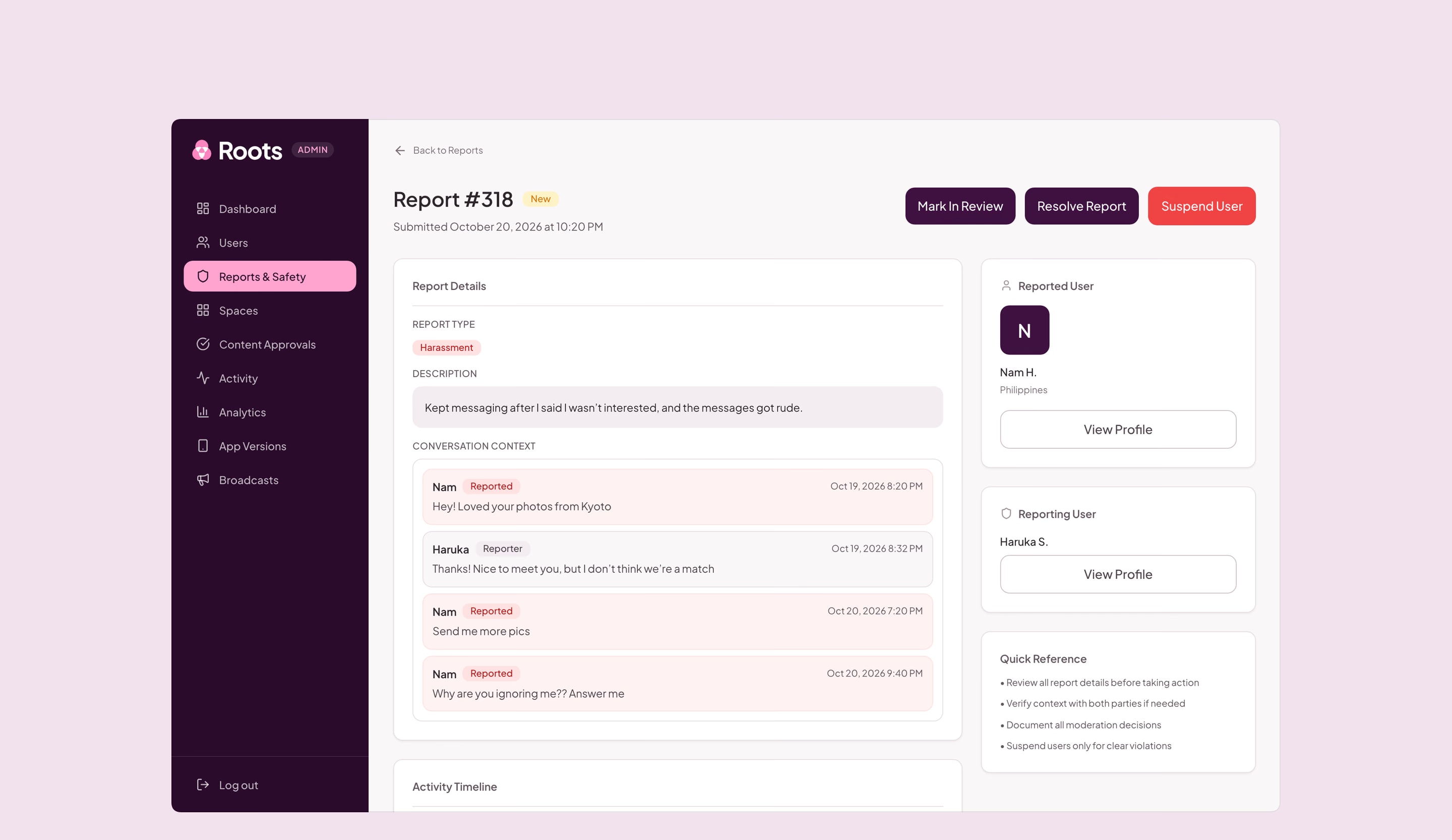 Admin, Reports and Safety: a harassment report with the conversation it came from, and Mark In Review, Resolve and Suspend.
