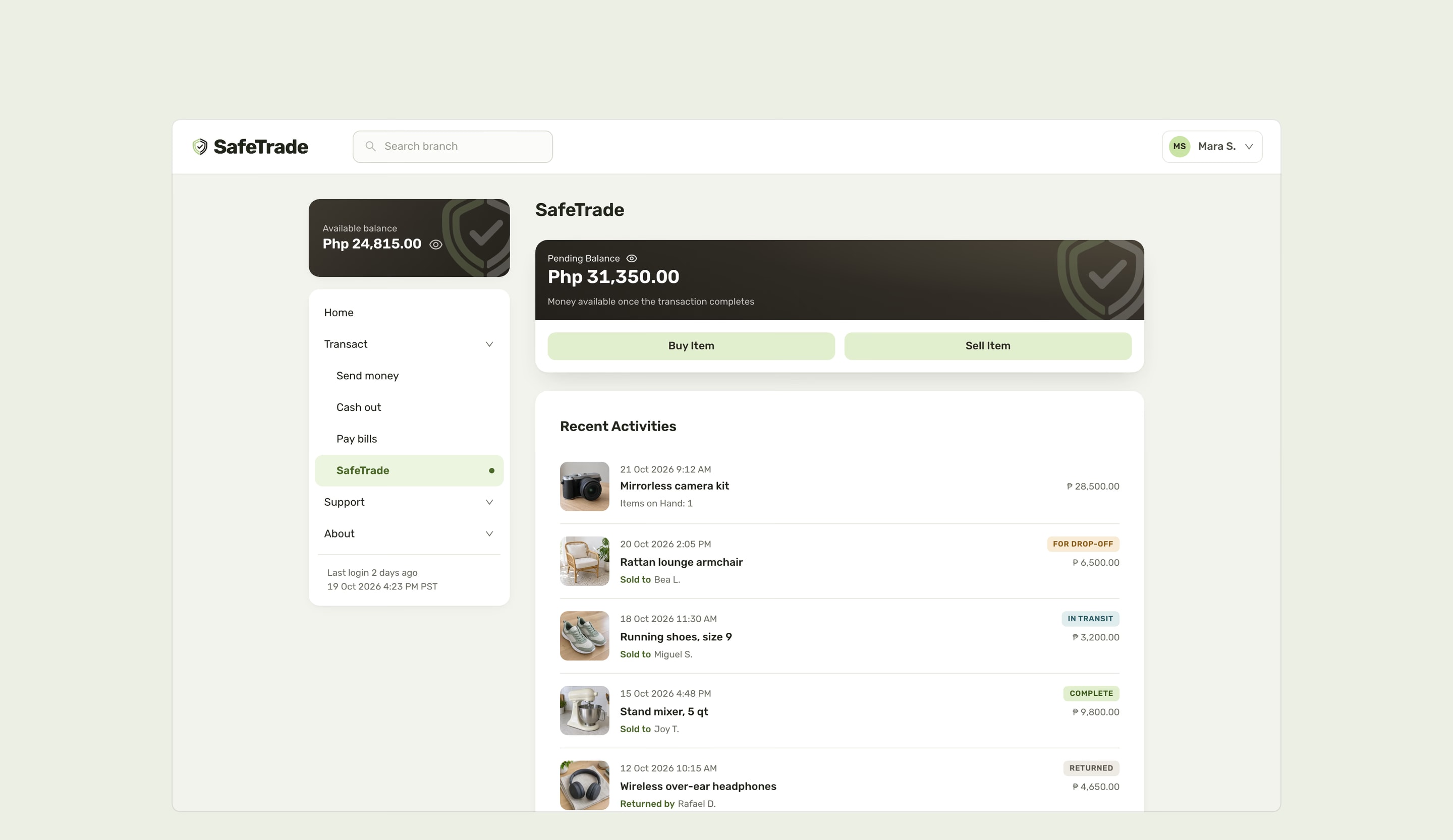 The seller’s dashboard: the pending balance, held until a transaction completes, Buy Item and Sell Item, and recent activities from a live listing to items for drop-off, in transit, complete and returned.