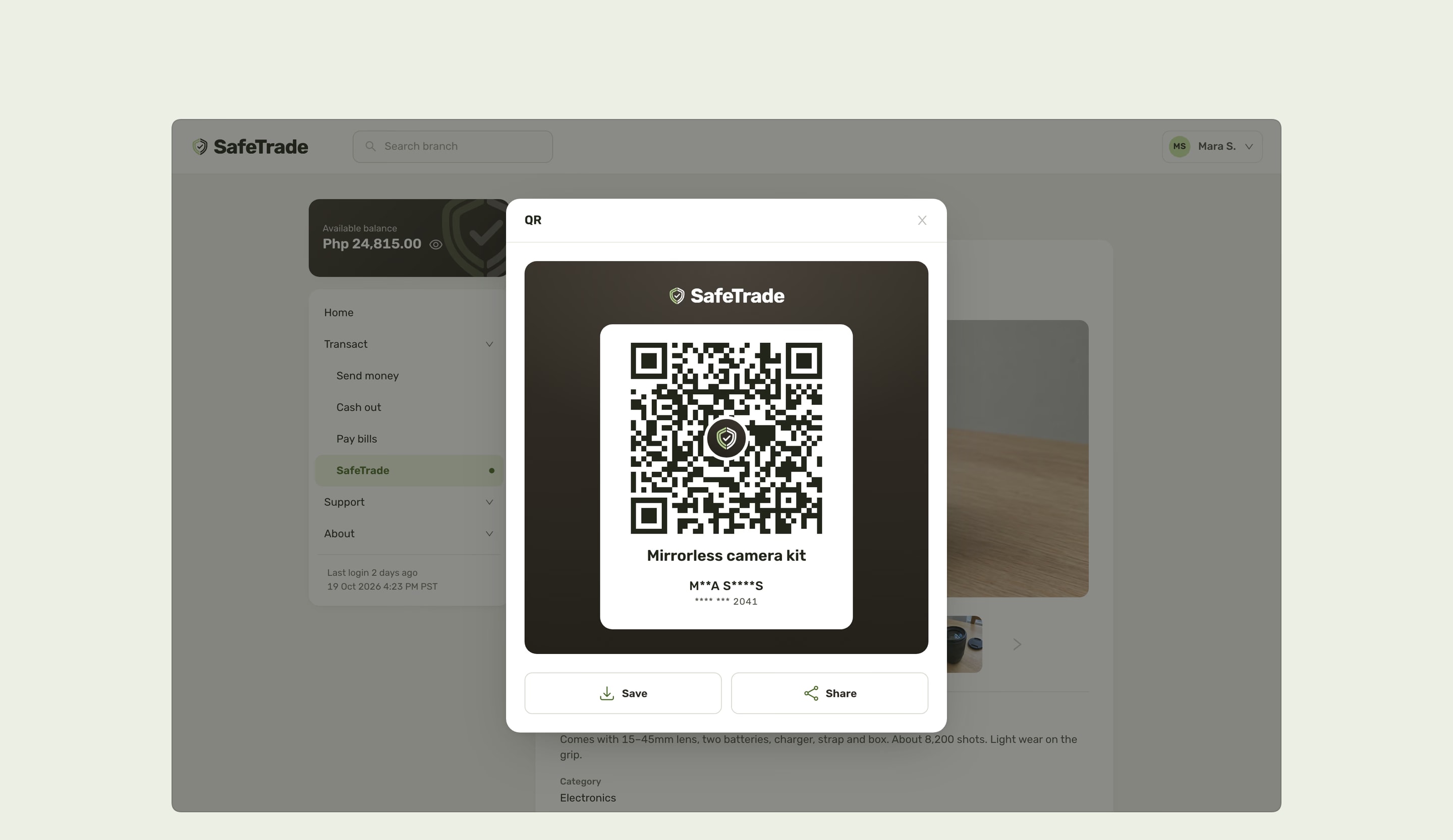 The live listing’s QR card for sharing with a buyer: the item, the seller’s masked name and number, and Save and Share.