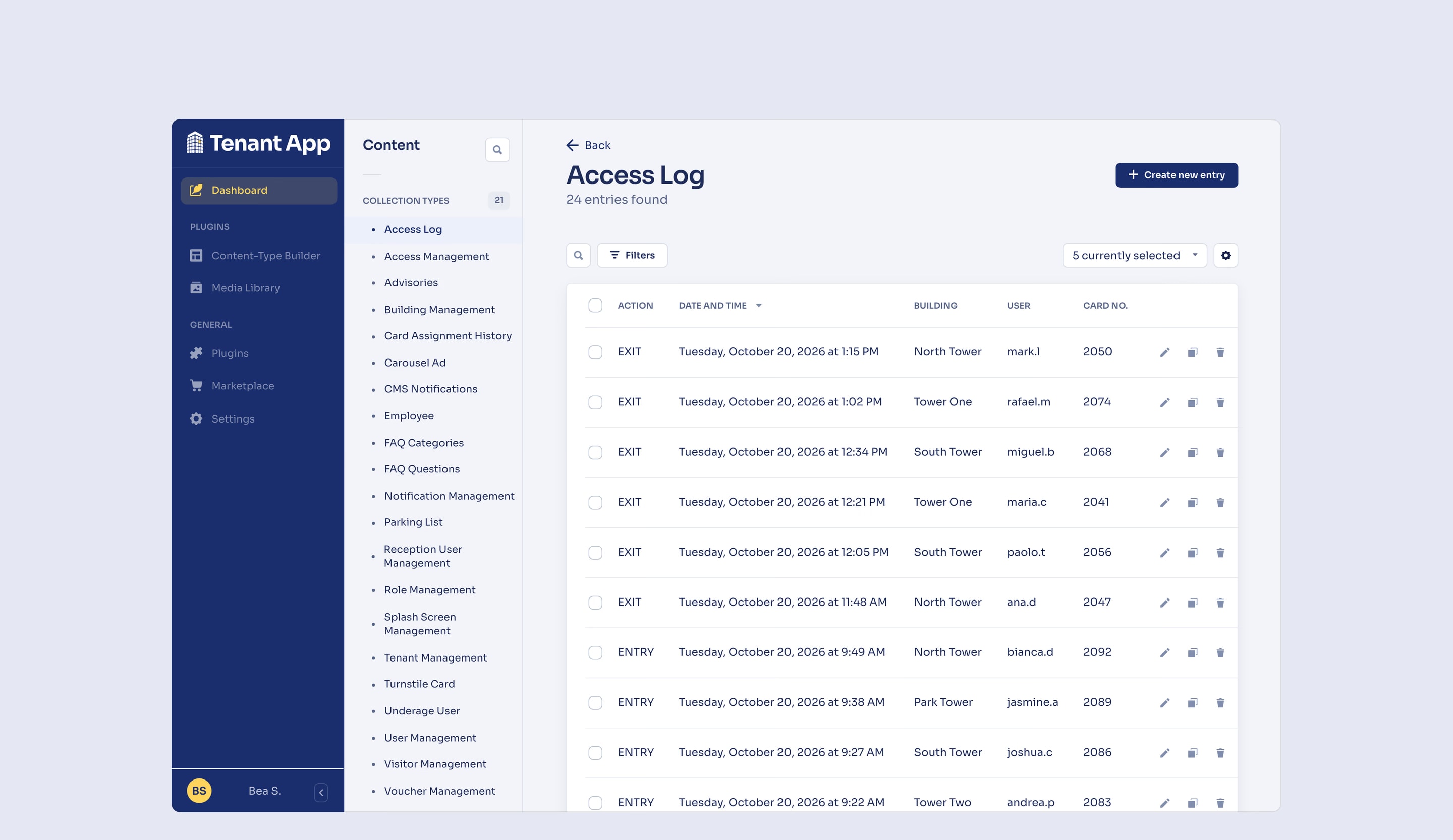 Access Log: turnstile entries and exits by building, user and card.