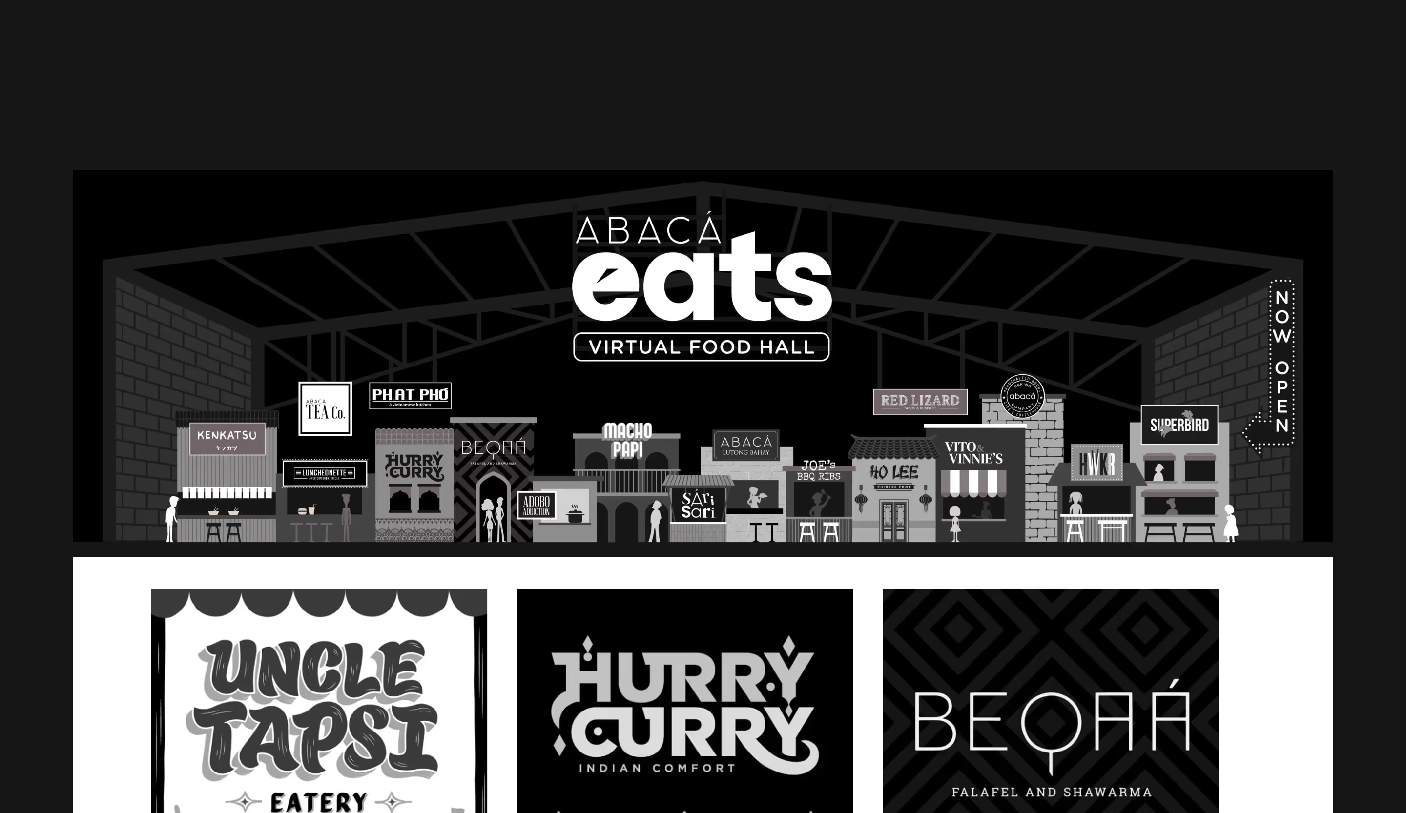 Abaca Eats virtual food hall banner with an illustrated row of restaurant stalls above brand tiles.