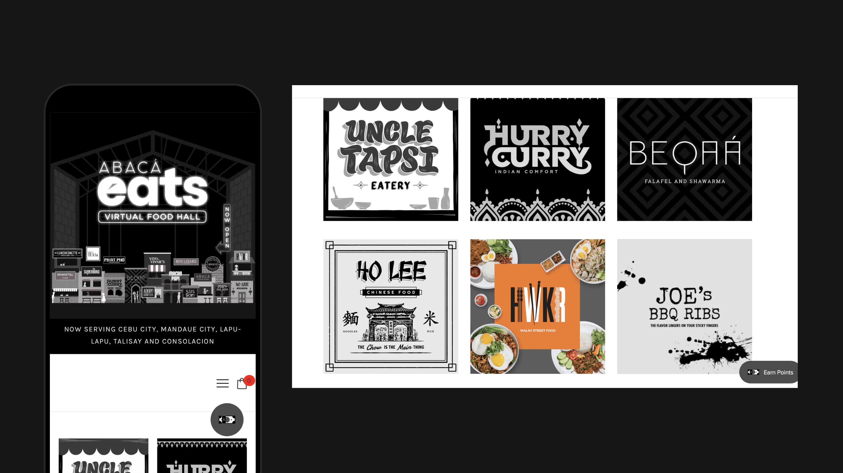 Abaca Eats on mobile and desktop, with the food hall banner and a grid of restaurant brand tiles.