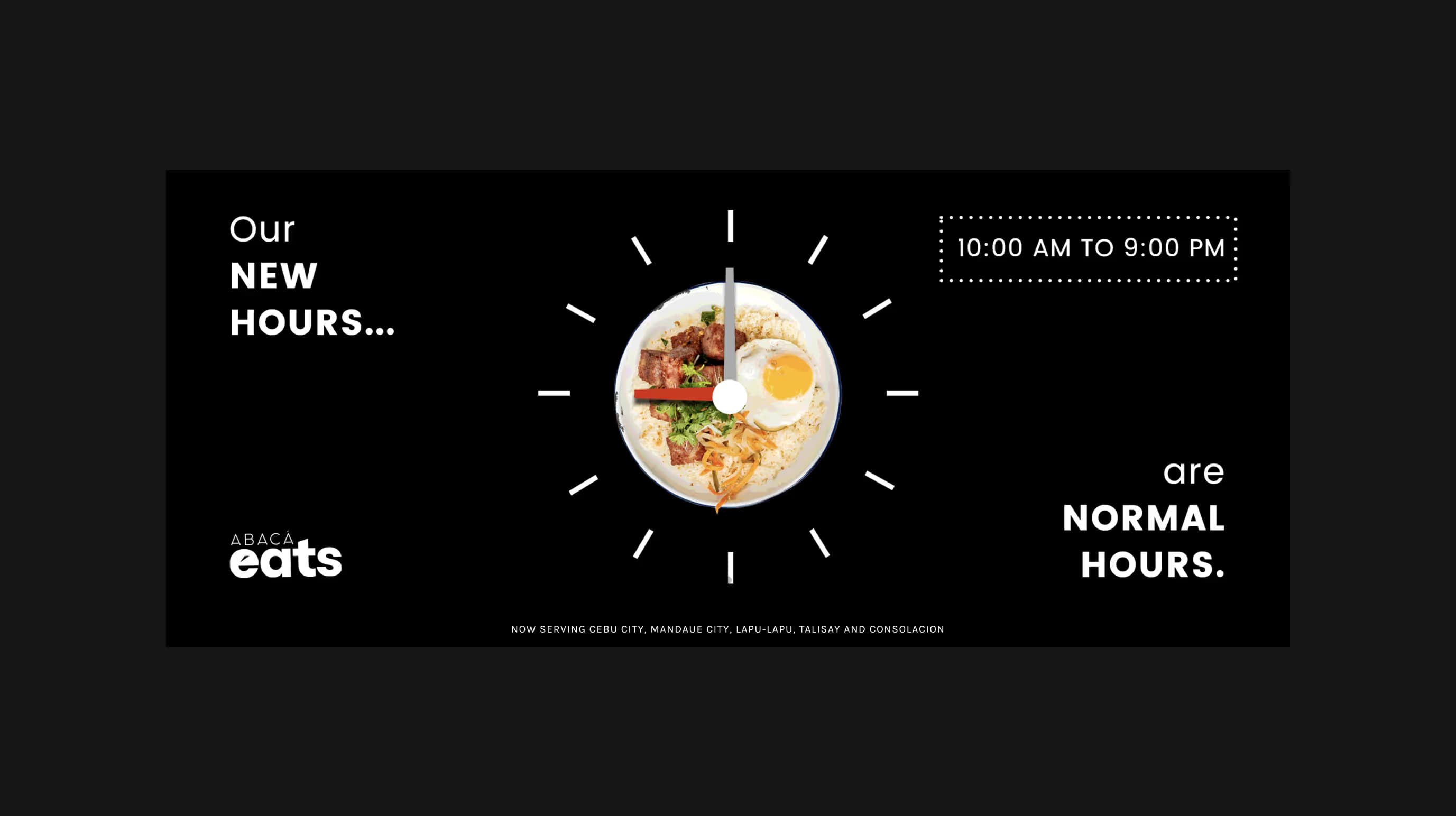 Abaca Eats opening hours banner with a rice bowl styled as a clock face.