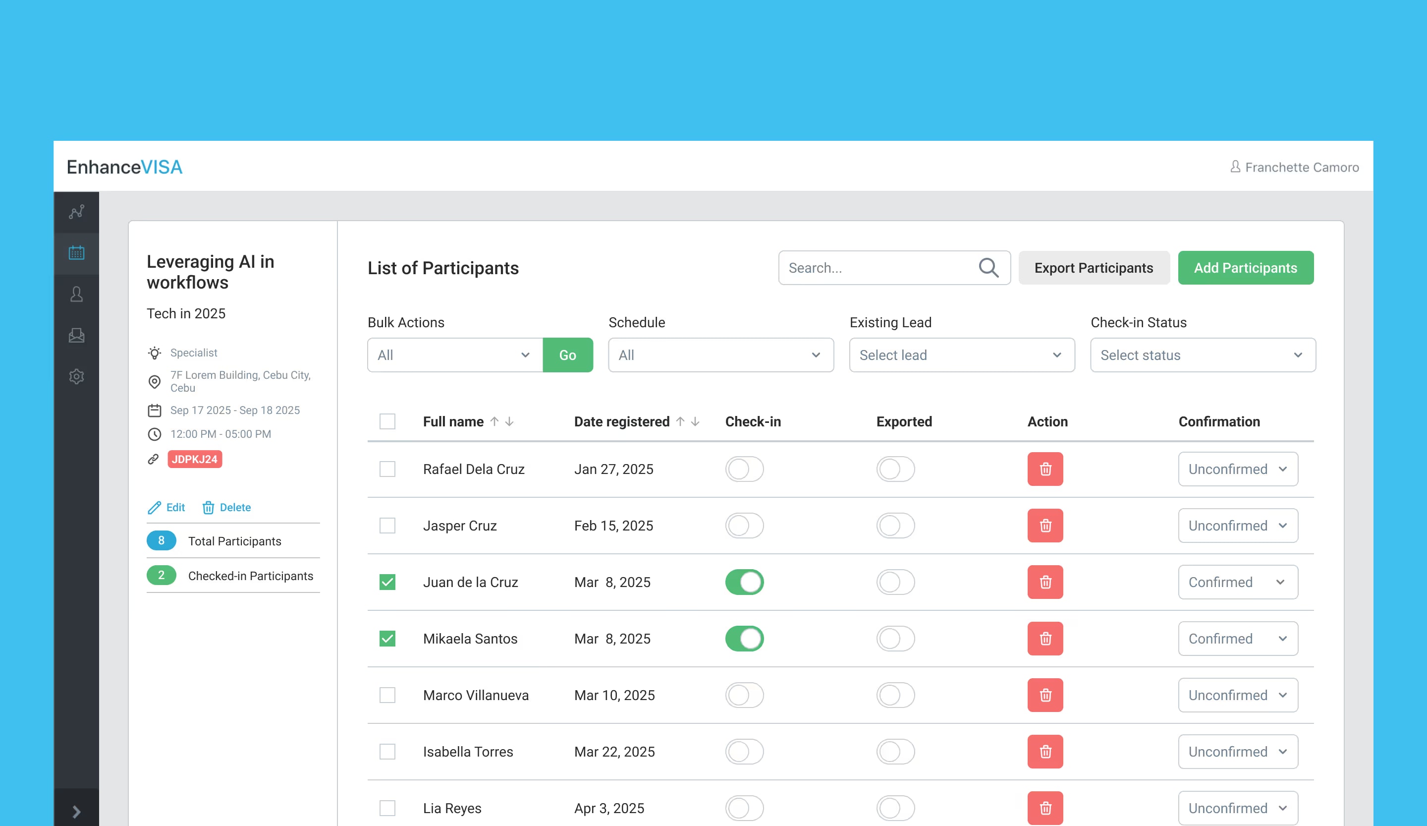 Enhance Visa event participant list with check-in toggles, confirmation status and bulk actions beside the event details.