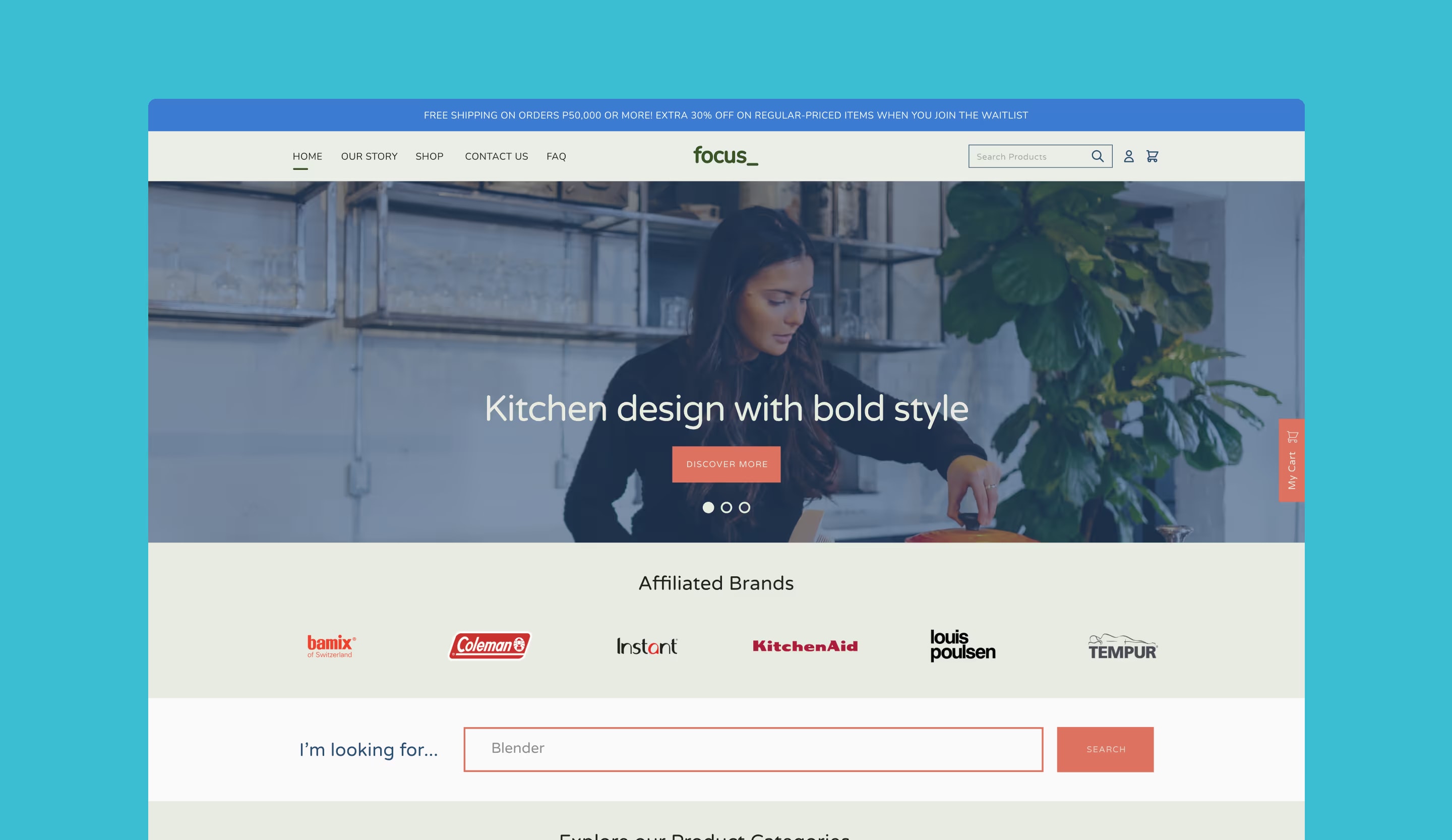 Focus Global store home page with a kitchen photo banner, affiliated brand logos and a product search.