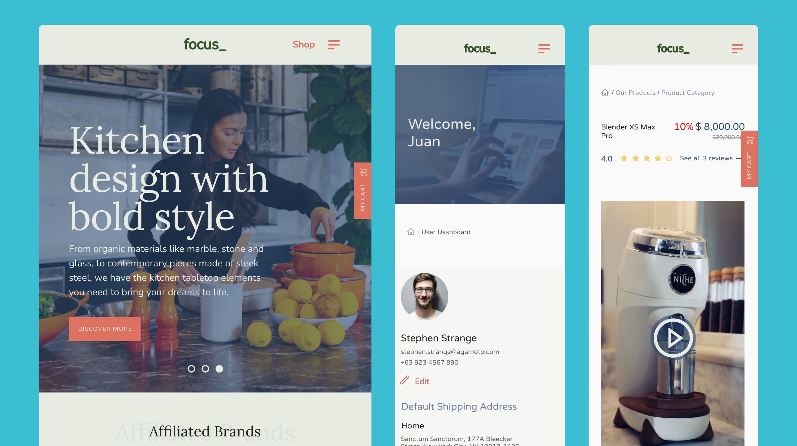 Focus Global mobile screens for the home banner, a user dashboard and a product page with ratings.