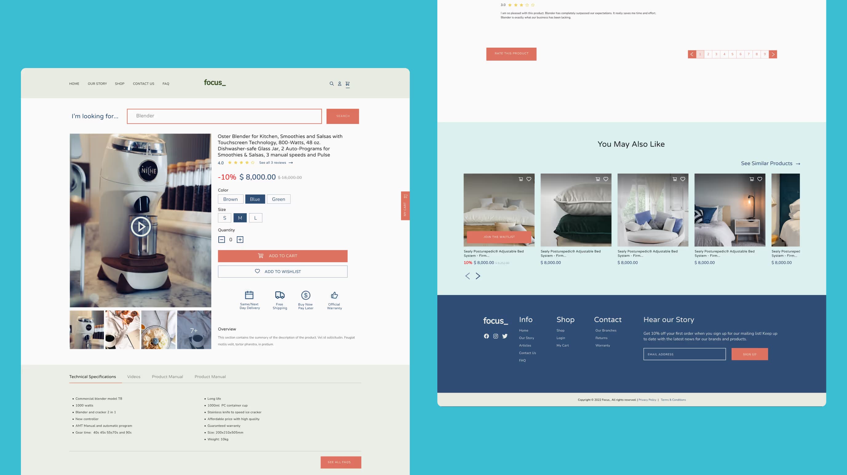 Focus Global product page with photos, color and size options and add to cart, beside related product suggestions.