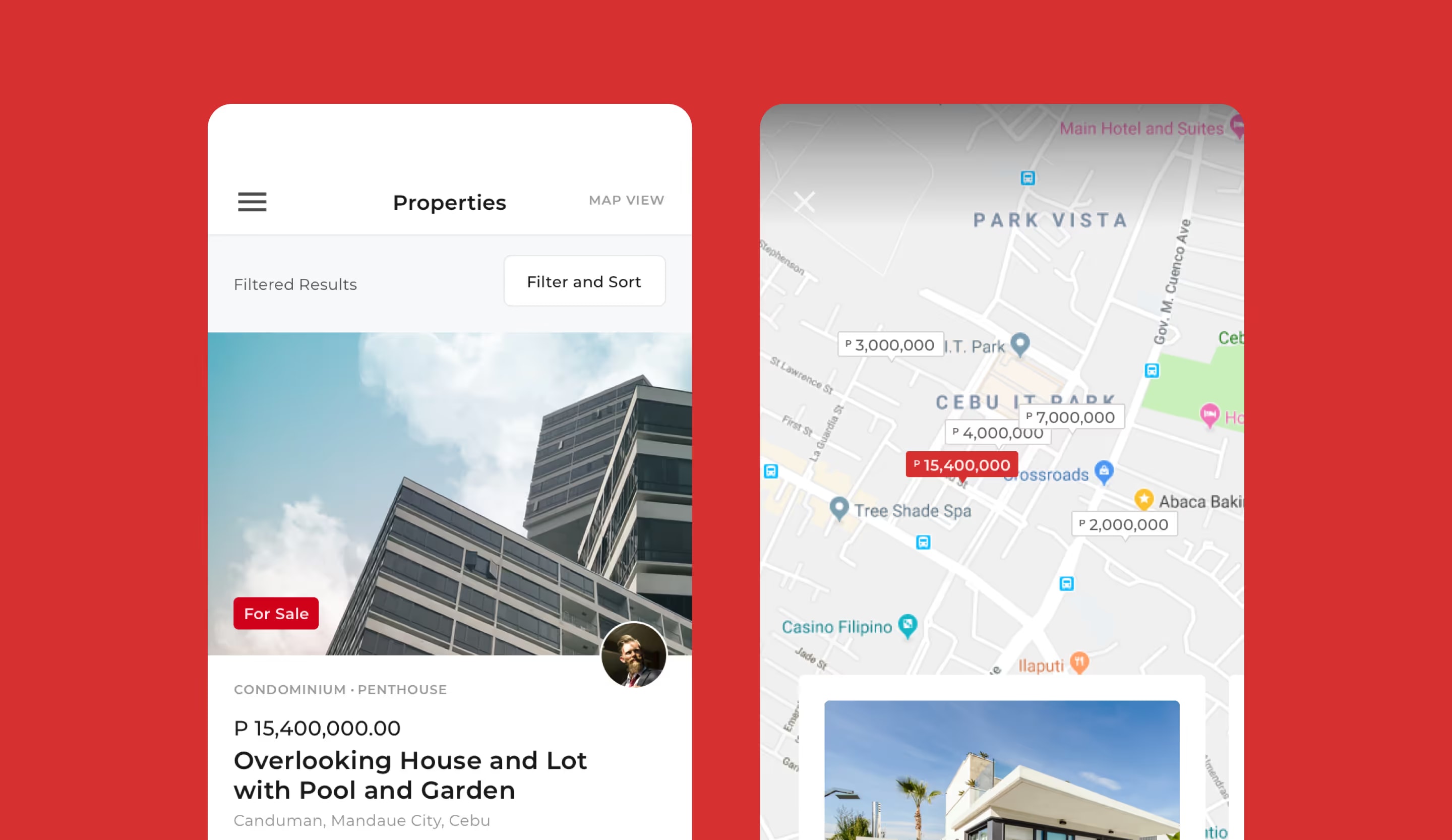 Filipino Homes app property list with a for-sale listing beside a map view of prices pinned around Cebu.