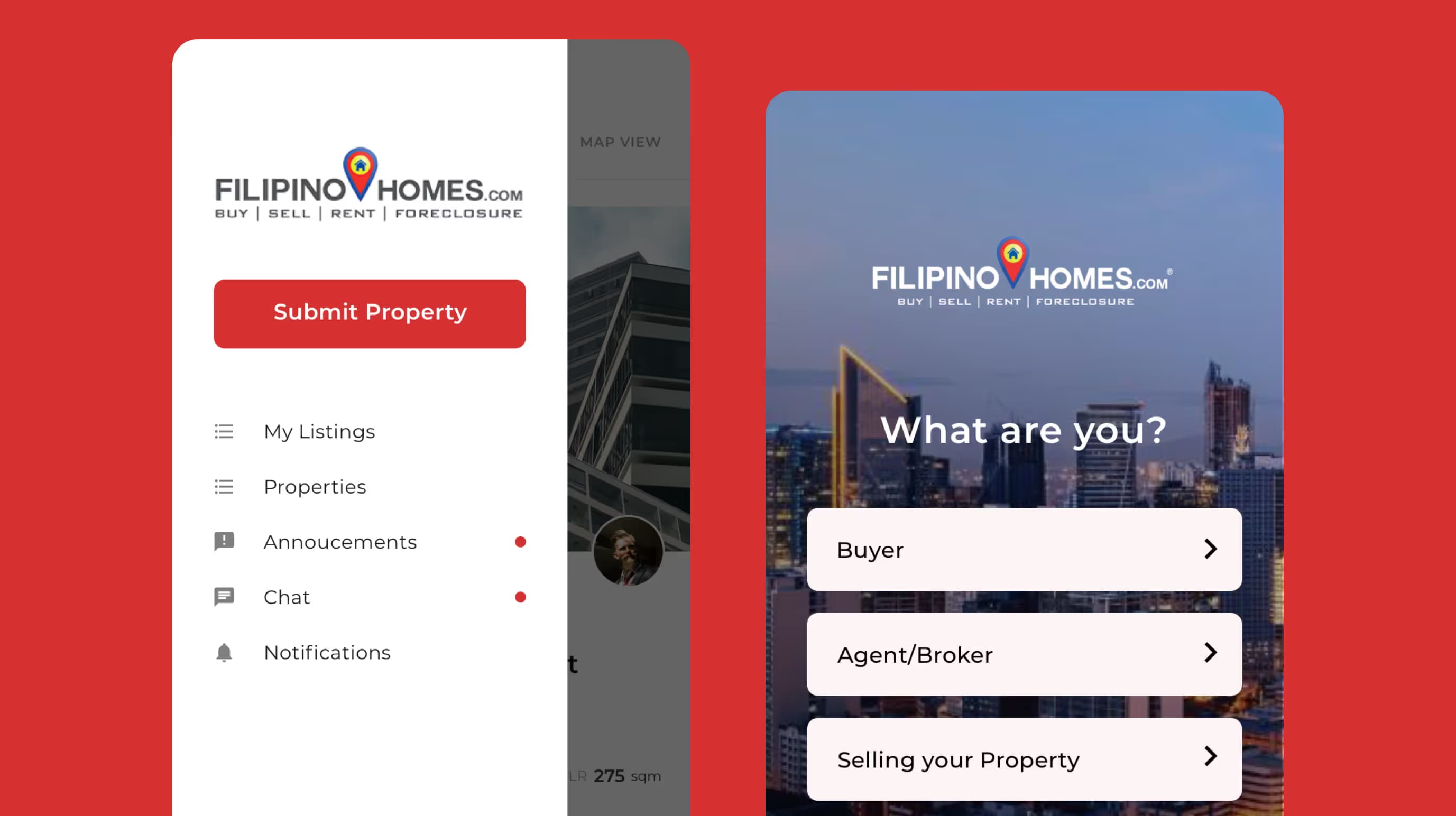 Filipino Homes app menu with a submit property button beside a role picker for buyers, agents and sellers.