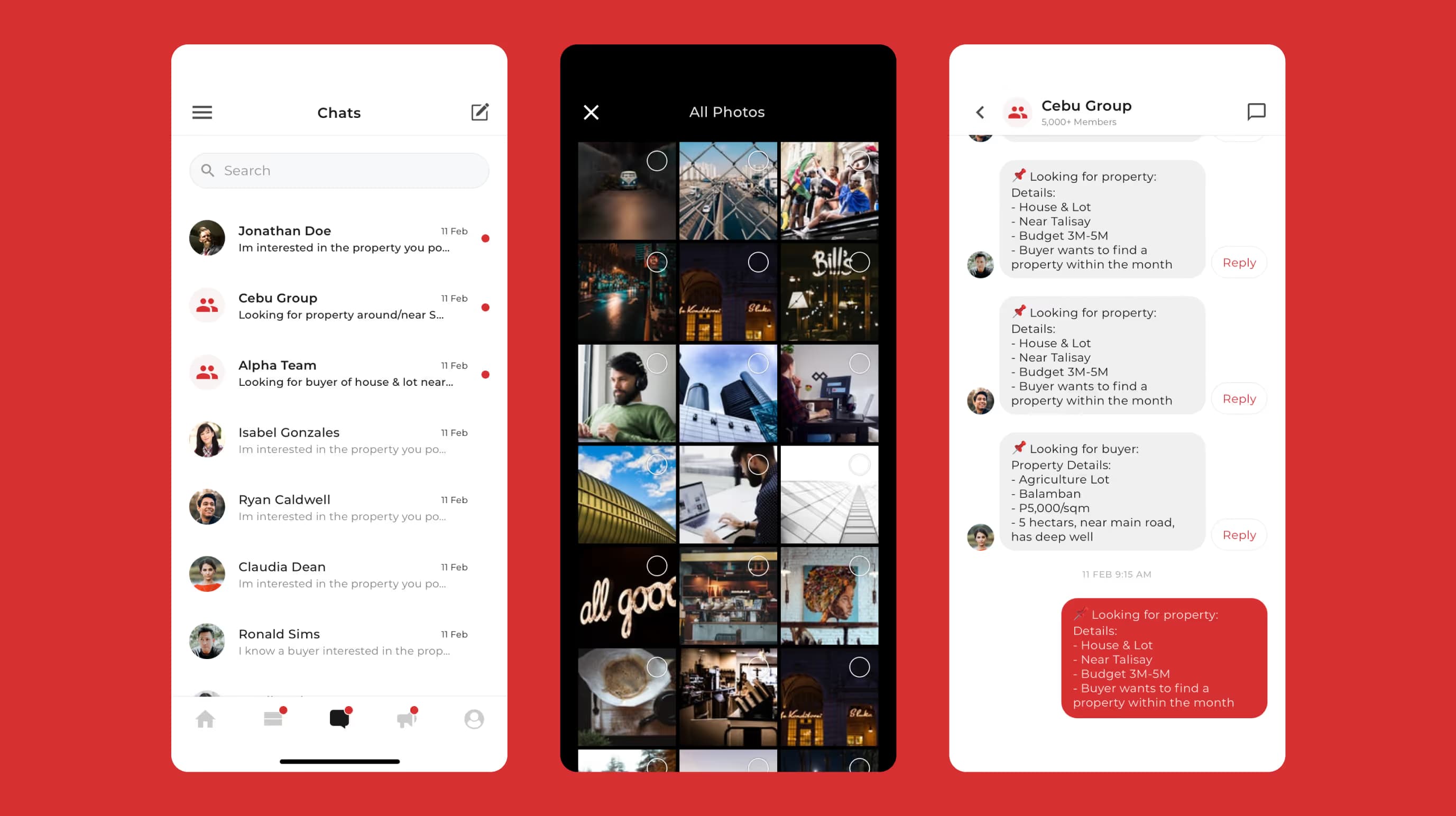 Filipino Homes app chat list, photo picker and a group chat of property requests from buyers and agents.