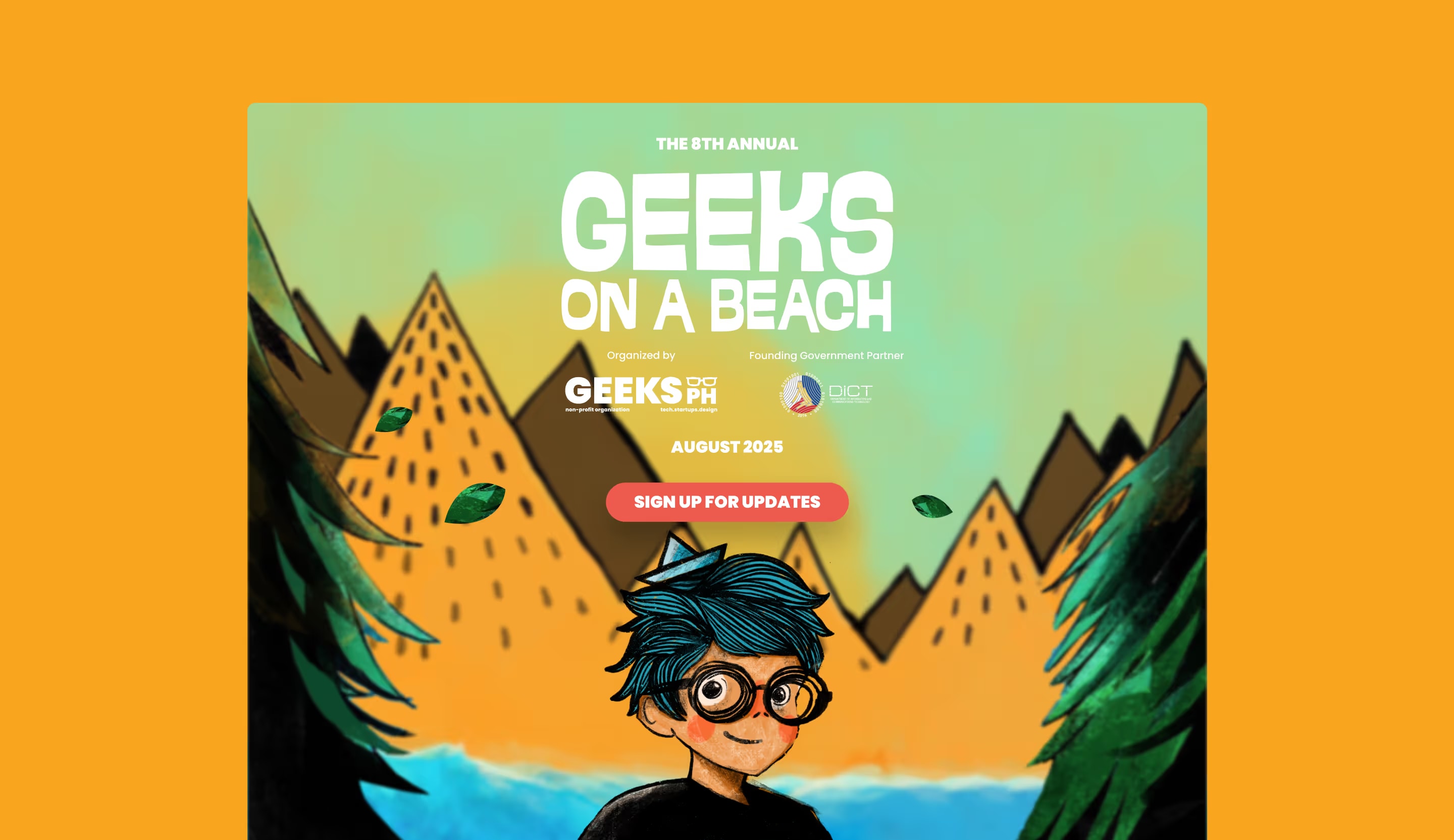 Geeks on a Beach event page with the conference title, a sign-up button and an illustrated mountain landscape.