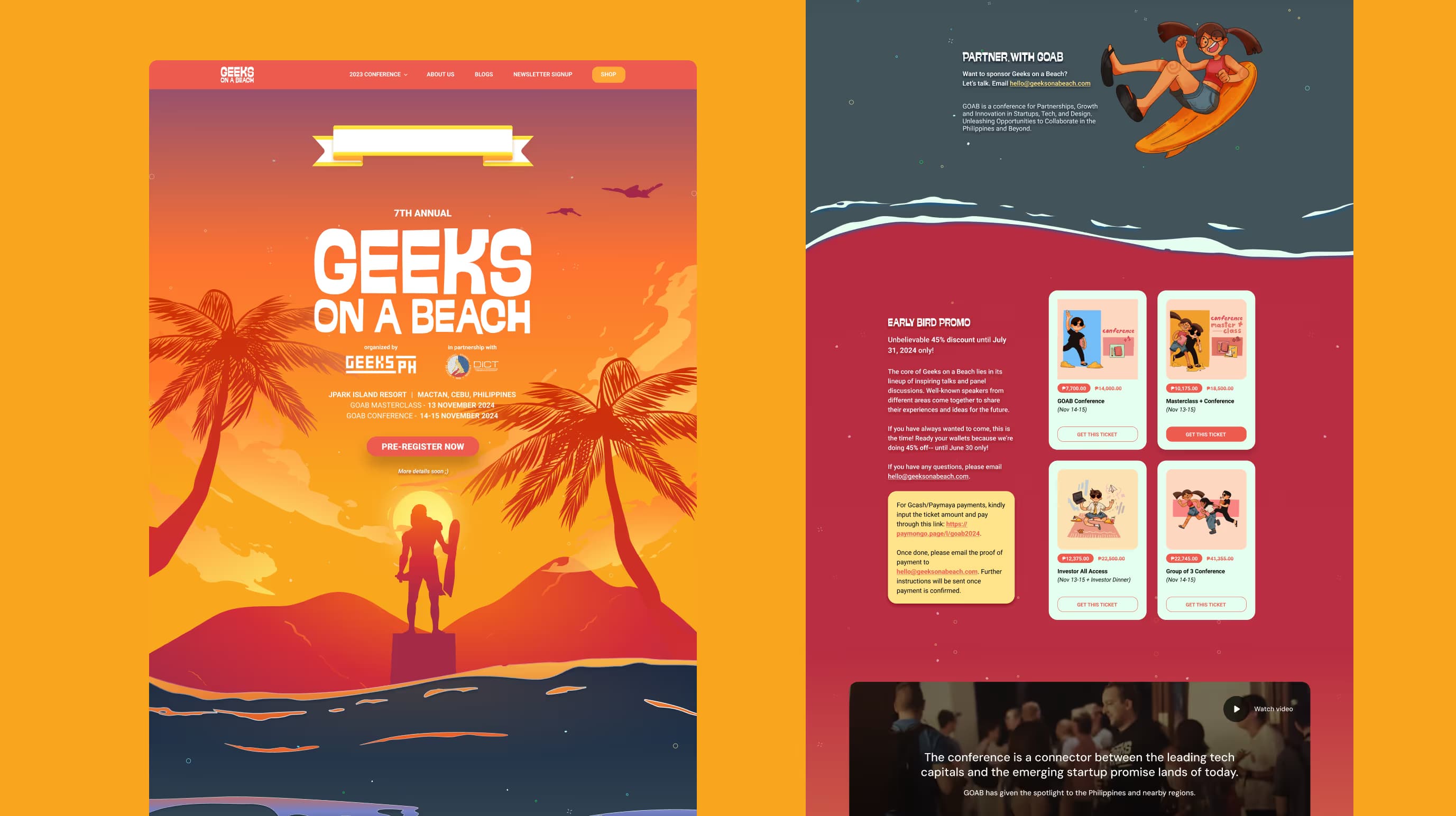 Geeks on a Beach conference site with a sunset beach illustration, a partner section and early bird ticket cards.