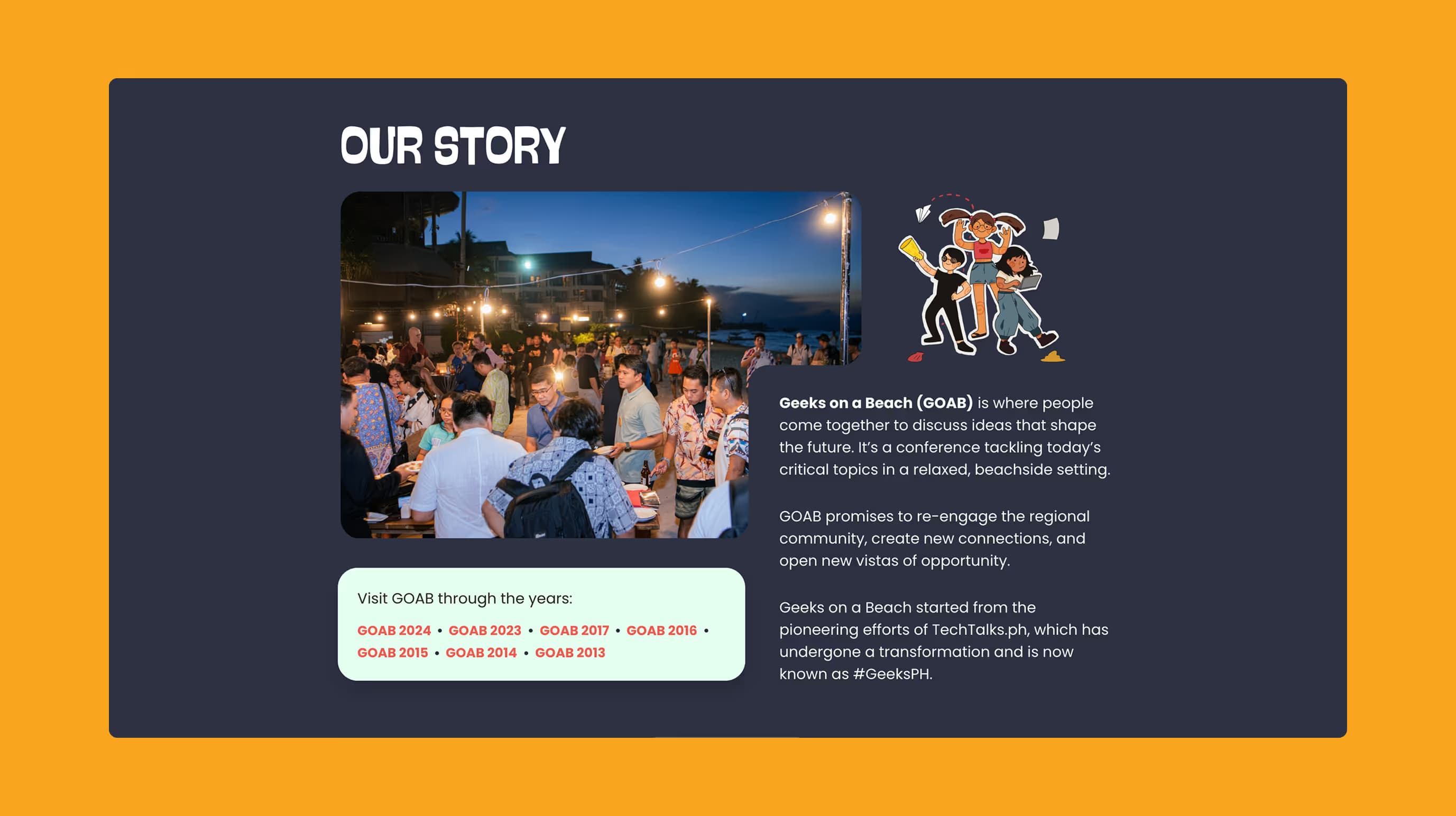 Geeks on a Beach story section with a photo of attendees at an evening beachside event.