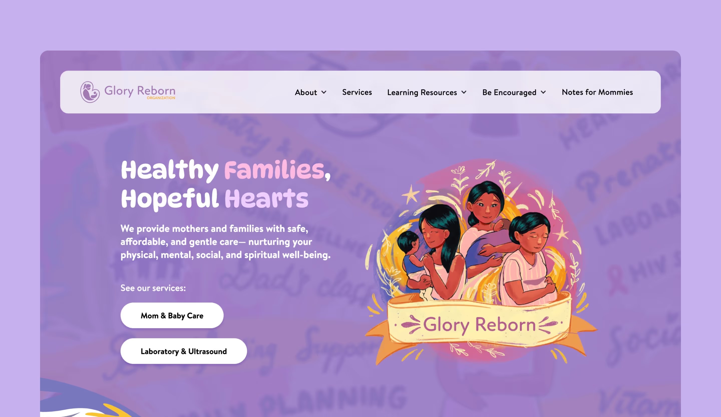 Glory Reborn home page with a healthy families headline, service buttons and an illustration of mothers and babies.