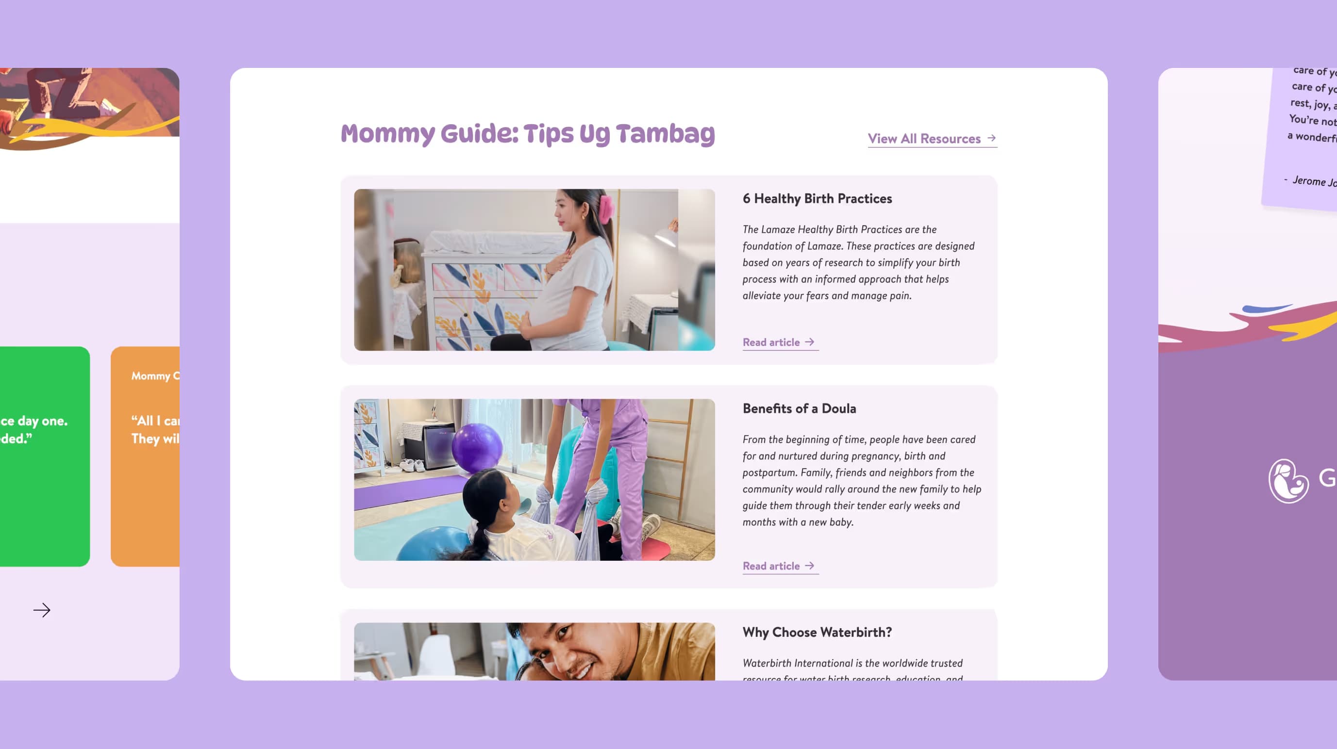 Glory Reborn mommy guide section with article cards on birth practices, doulas and waterbirth.