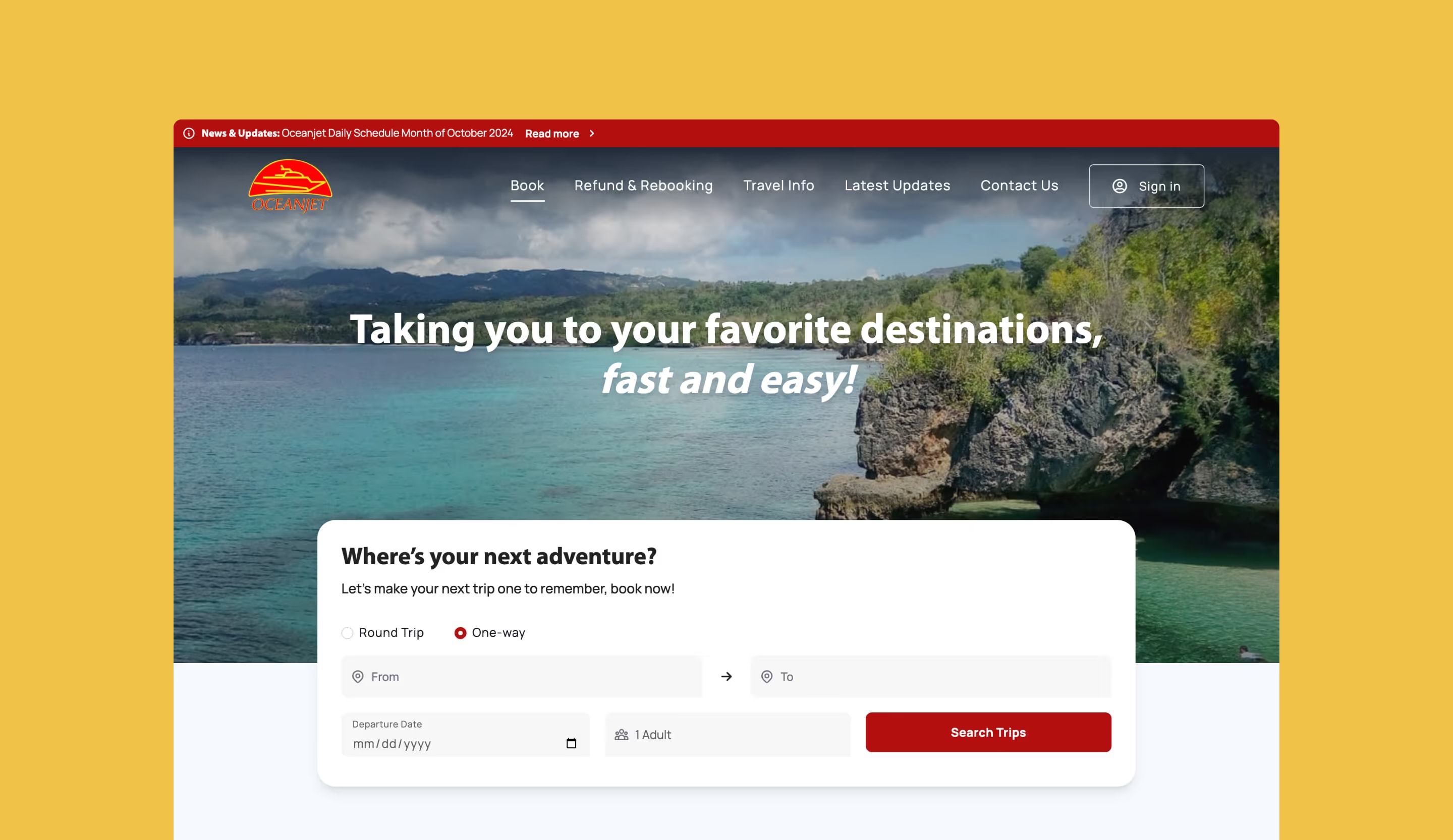 OceanJet booking page with a trip search form over a coastal photo.