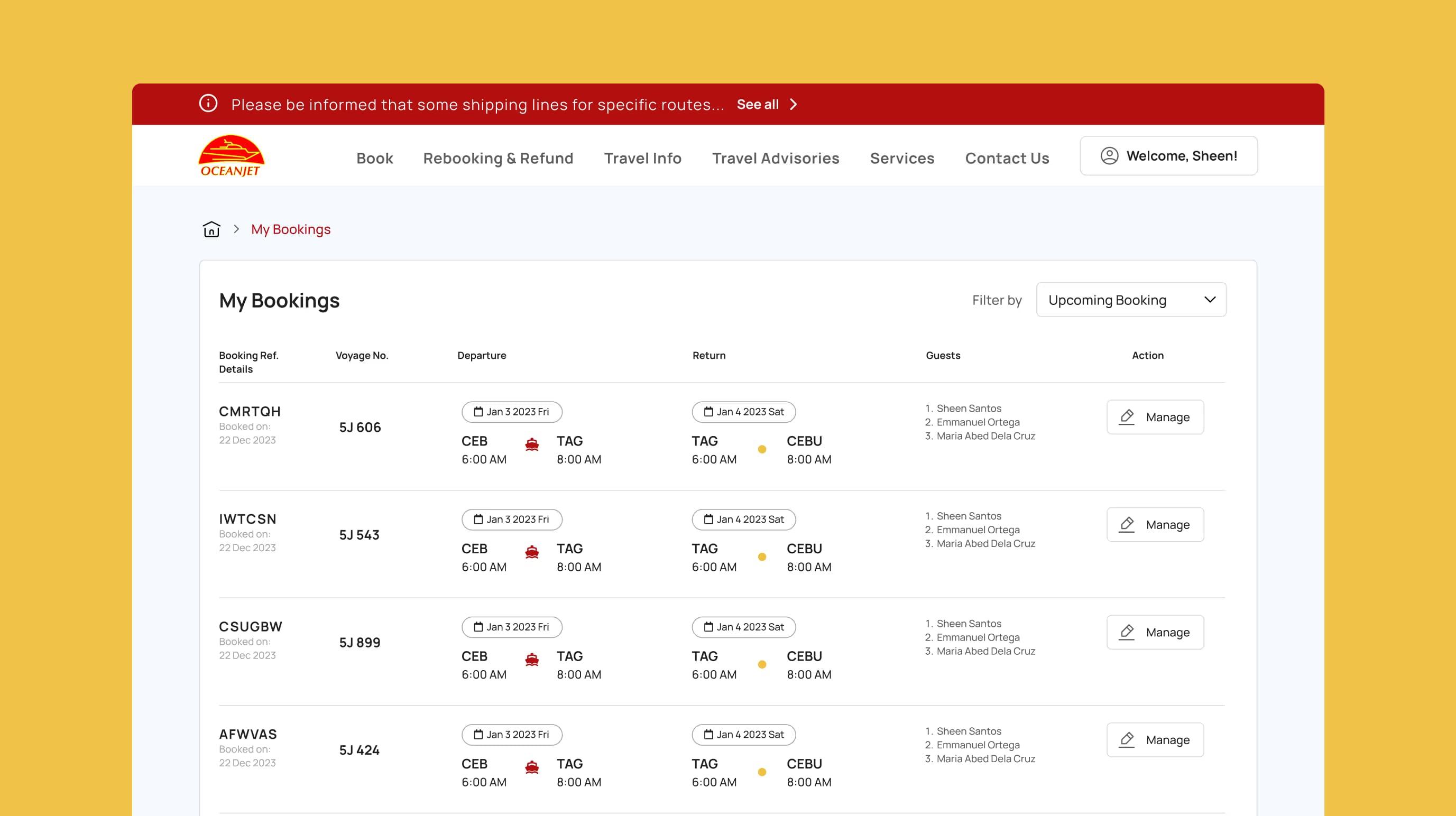 OceanJet bookings page listing upcoming voyages with departure and return times, guests and manage buttons.