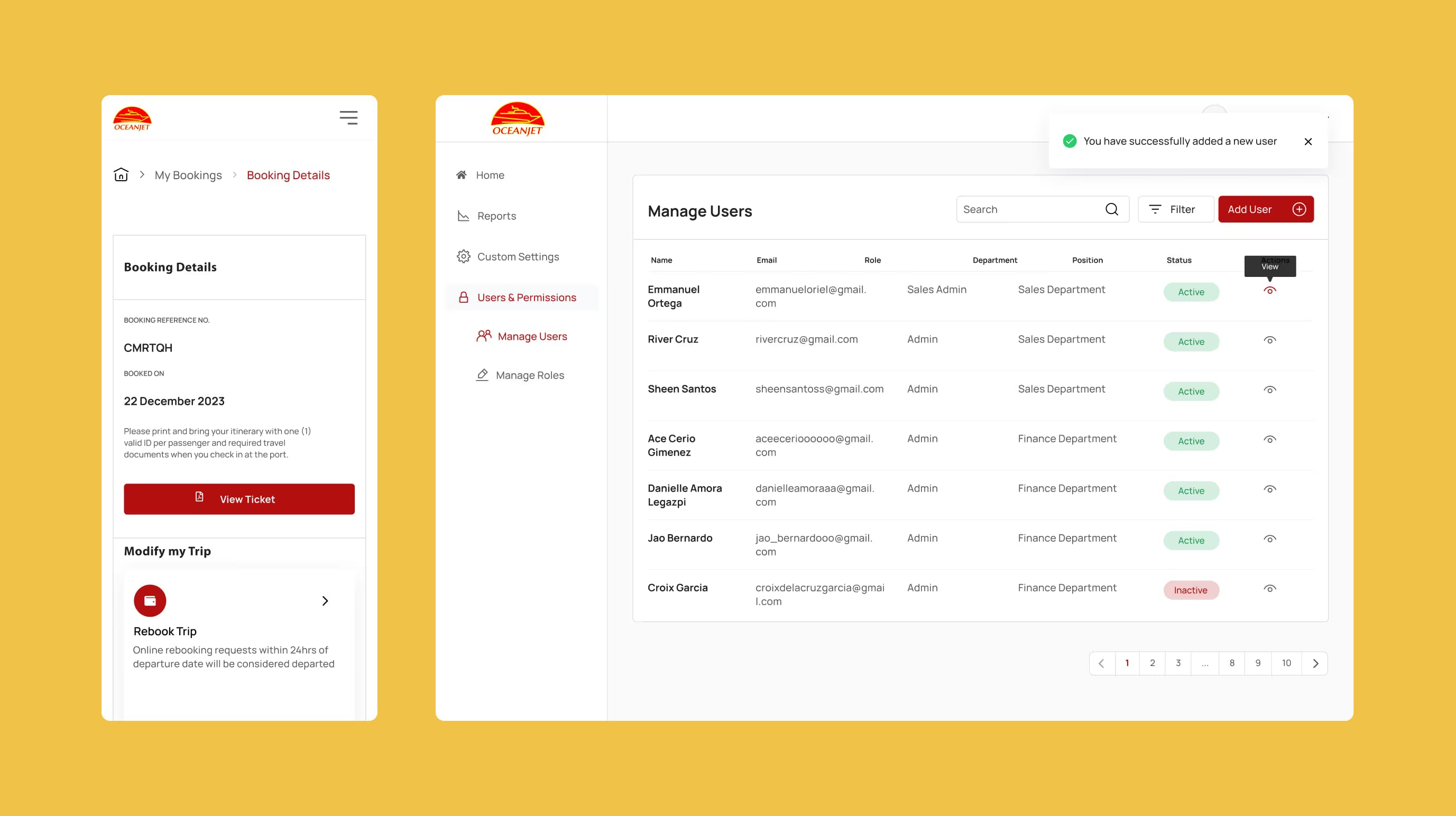OceanJet booking details on mobile beside an admin screen for managing users, roles and account status.